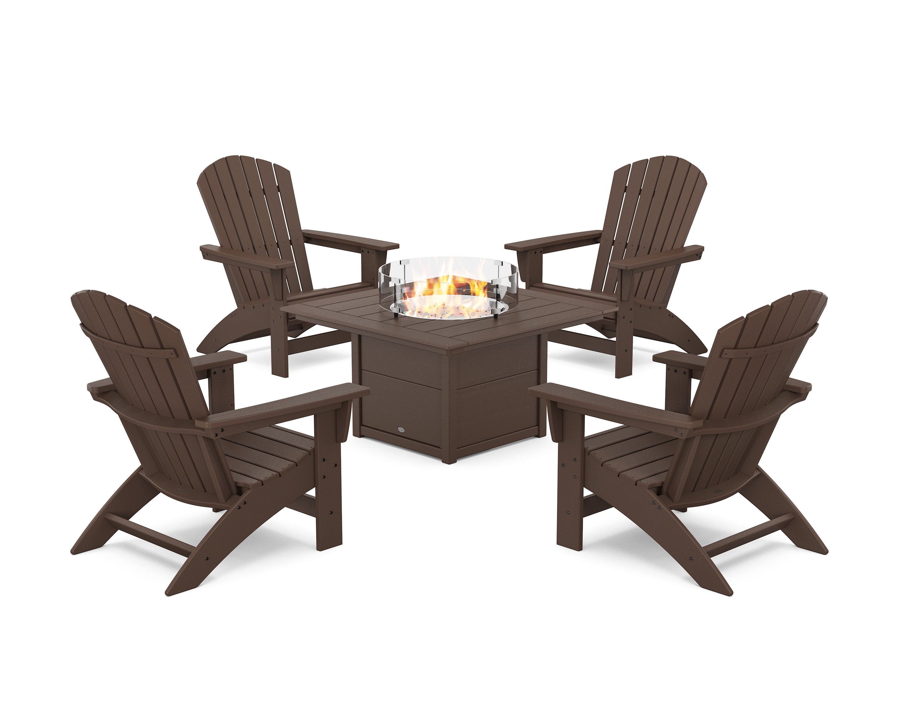 5-Piece Nautical Grand Adirondack Conversation Set with Fire Pit Table in Mahogany
