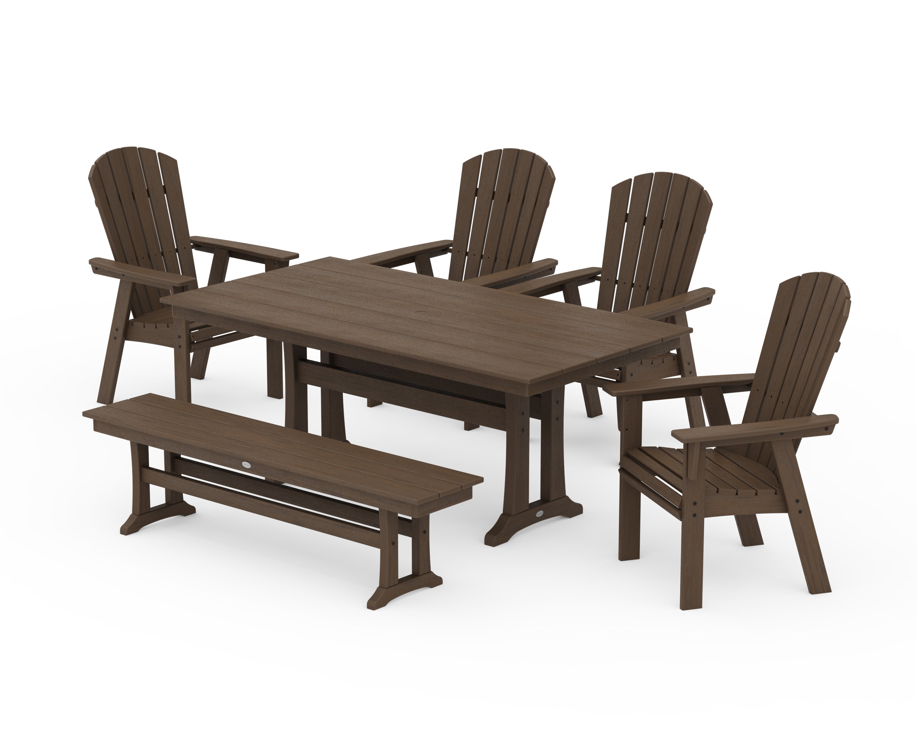 Nautical Curveback Adirondack 6-Piece Farmhouse Dining Set with Trestle Legs and Bench in Kona