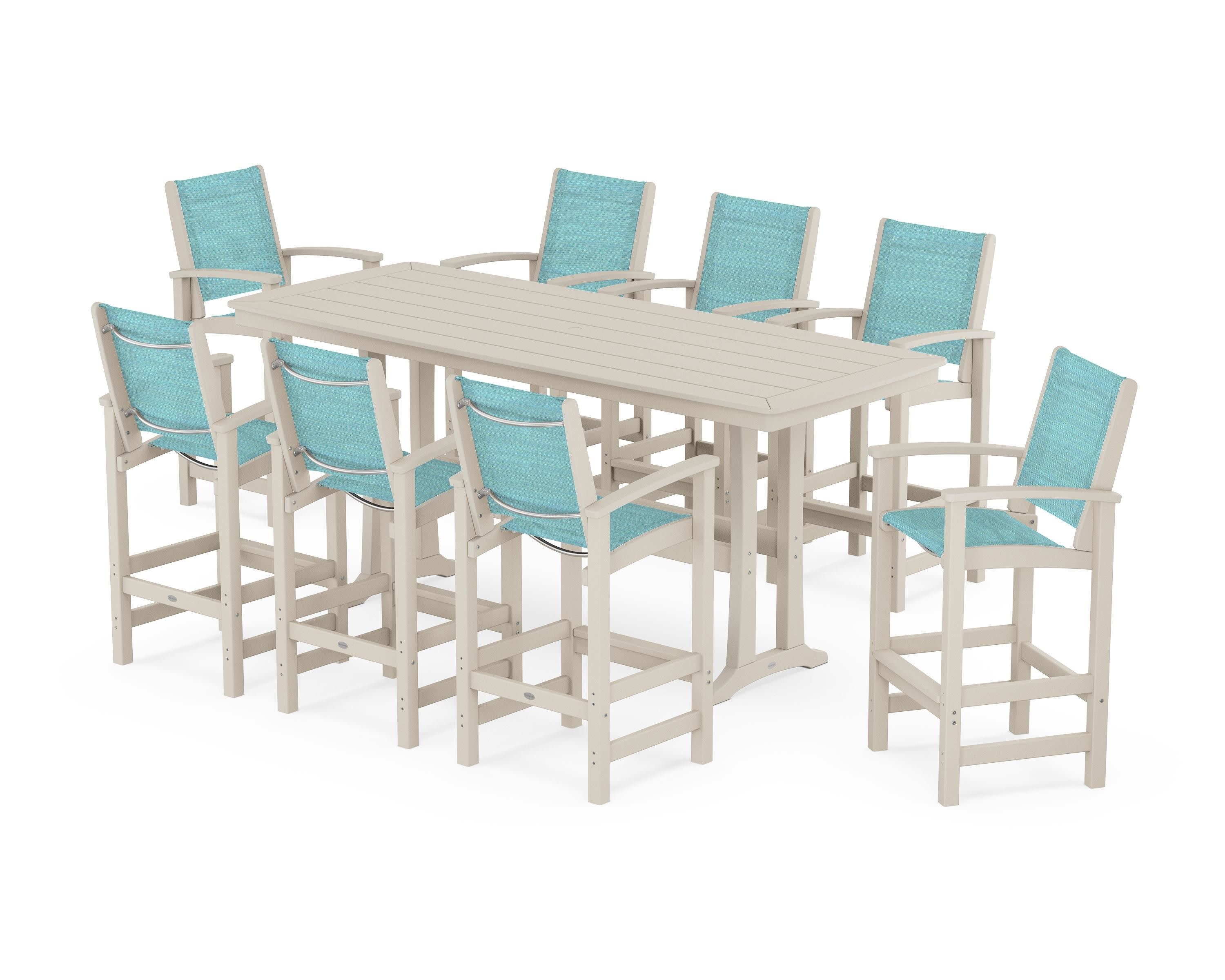 Coastal 9-Piece Bar Set with Trestle Legs in Sand / Dupioni Aquamarine Sling