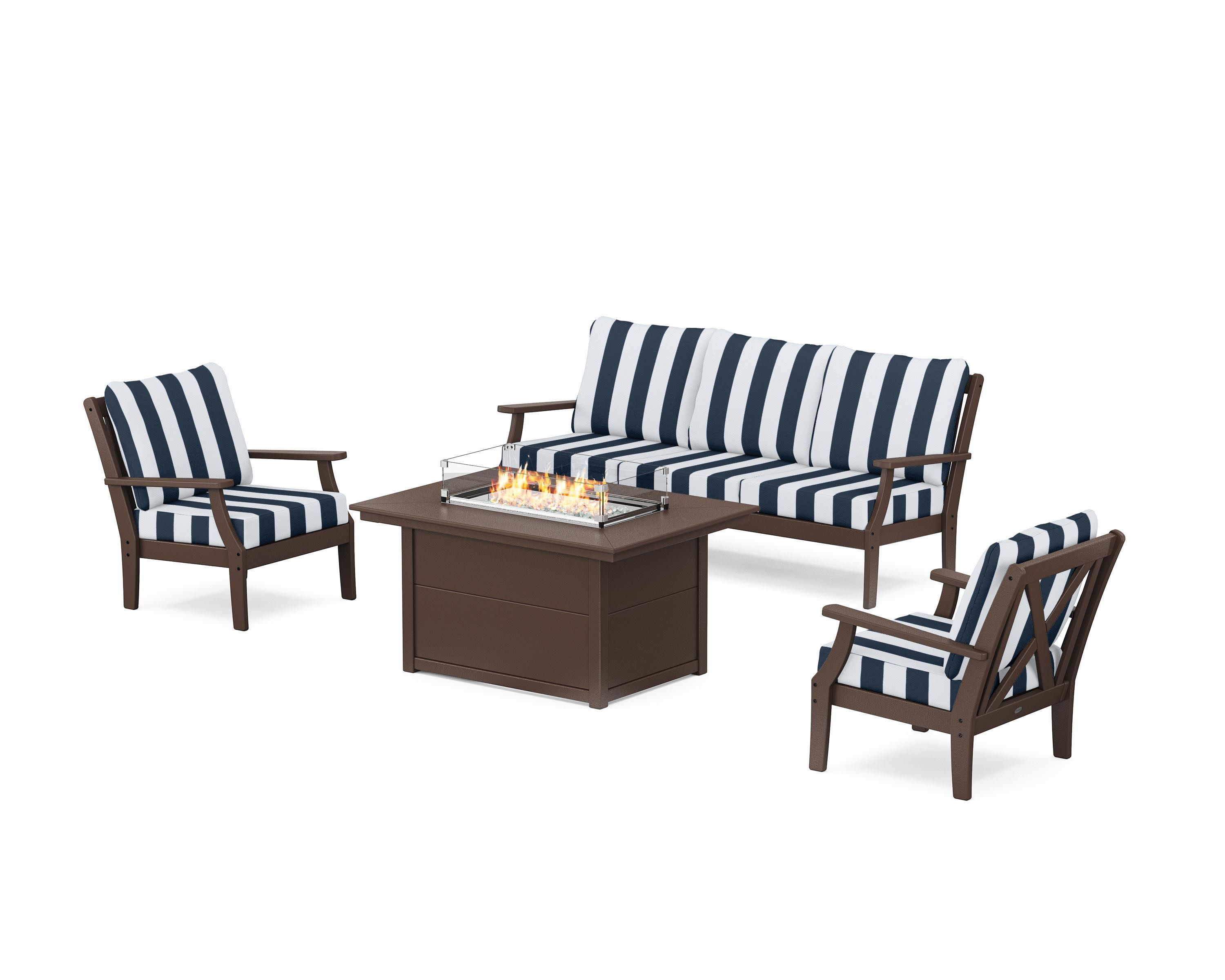 Braxton Deep Seating Fire Pit Table Set in Mahogany / Cabana Stripe Marine Indigo