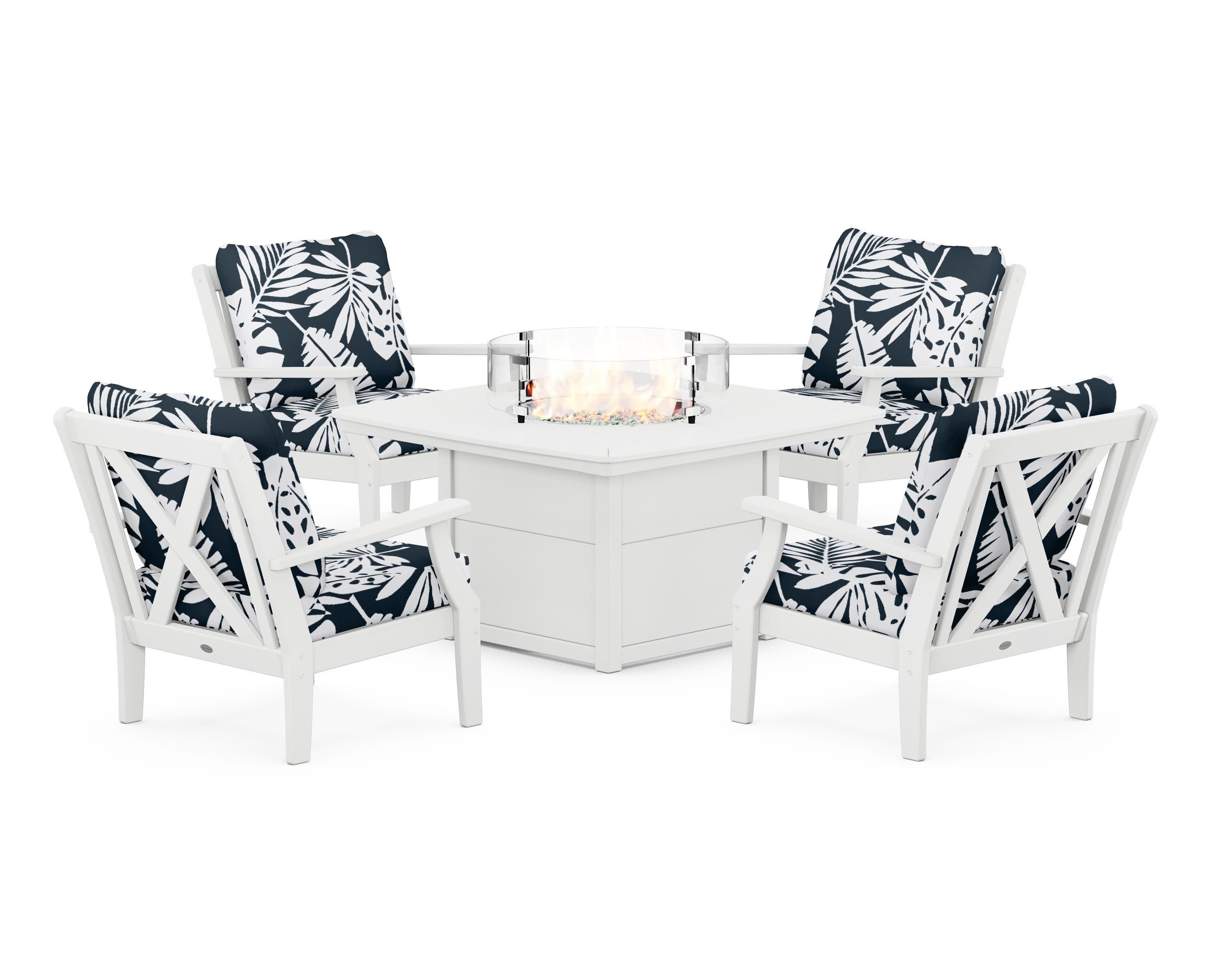 Braxton 5-Piece Deep Seating Conversation Set with Fire Pit Table in White / Leaf Marine Indigo