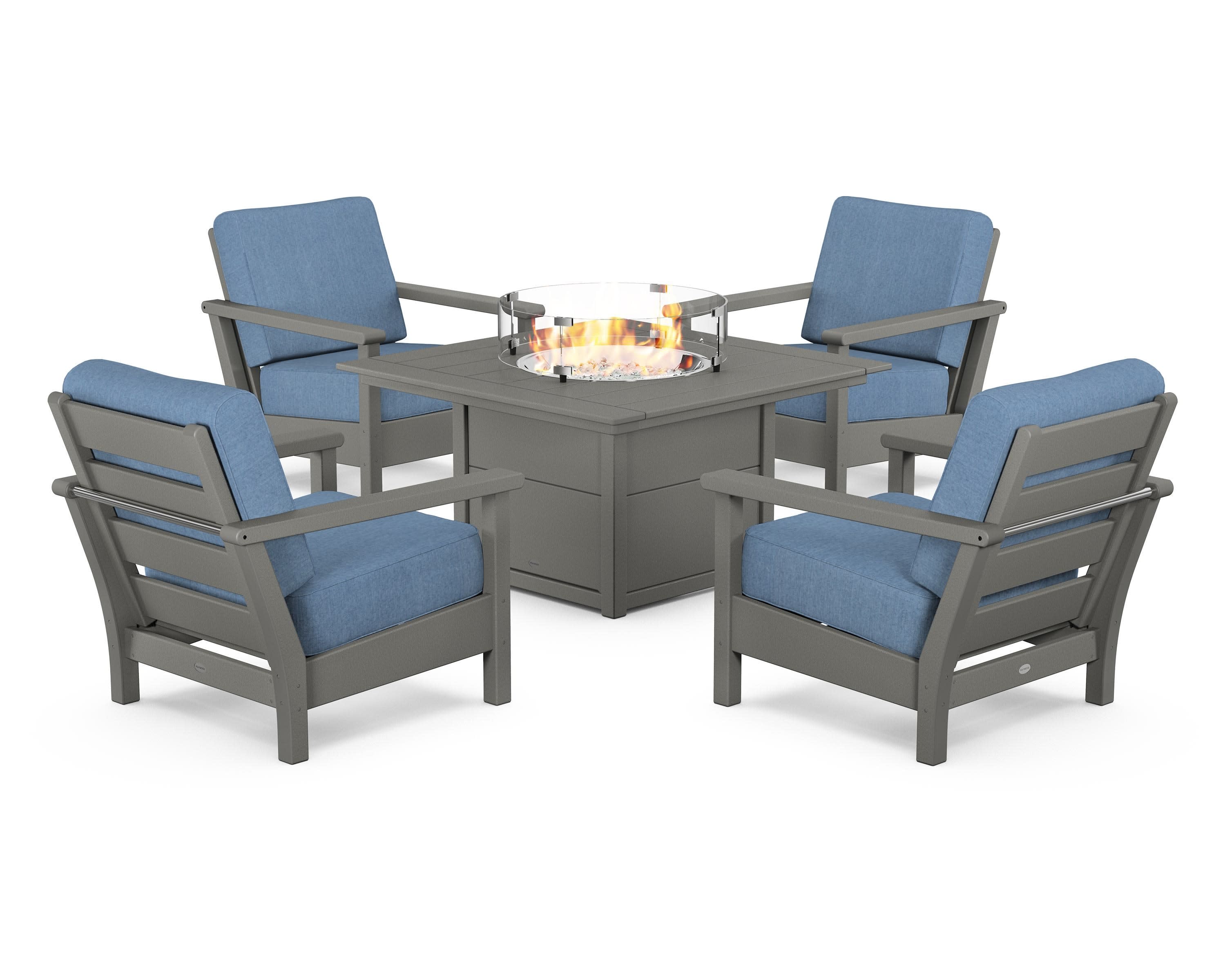 Harbour 5-Piece Conversation Set with Fire Pit Table in Slate Grey / Sky Blue