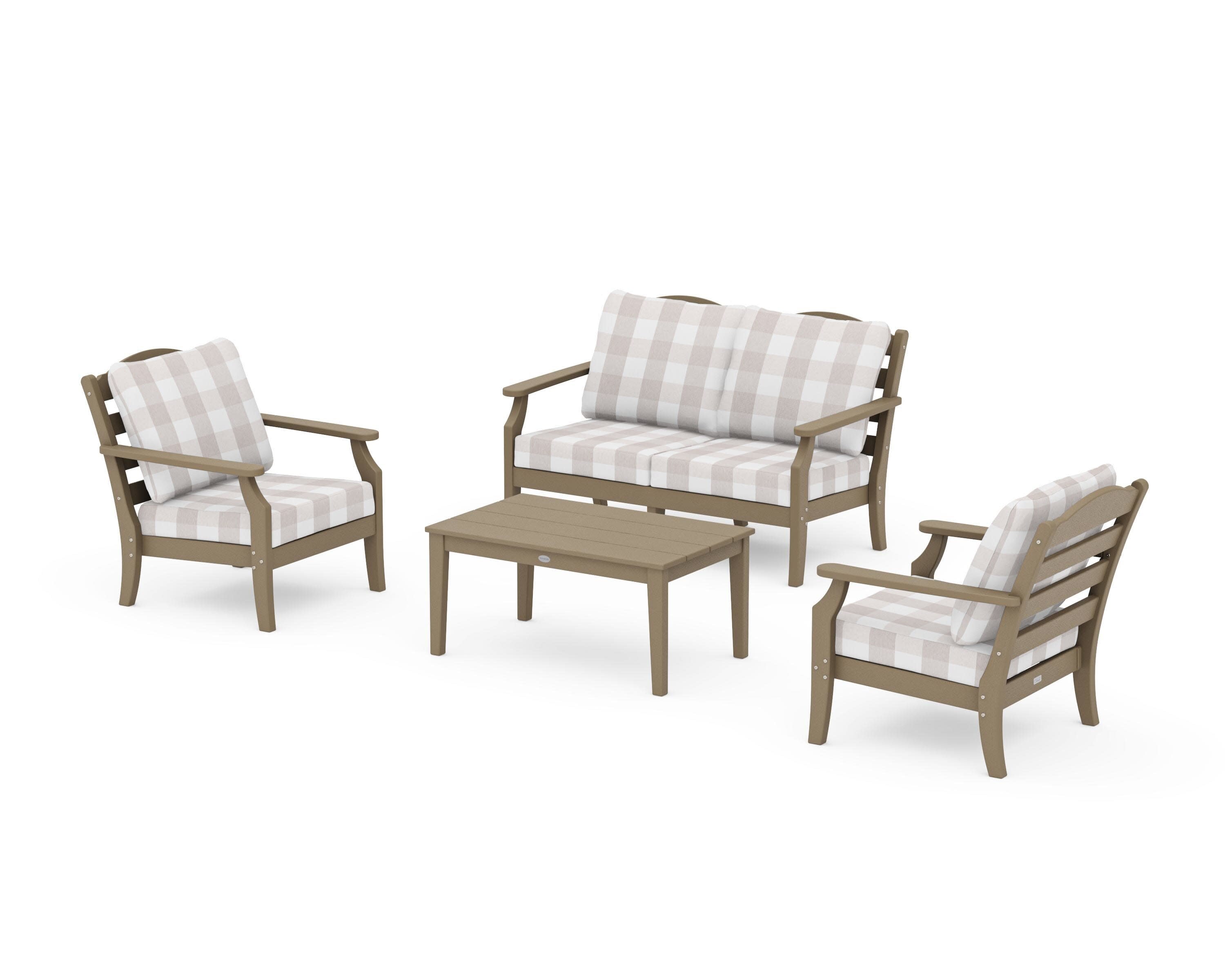 Savannah 4-Piece Deep Seating Set with Loveseat in Vintage Sahara / Buffalo Plaid Dune Burlap