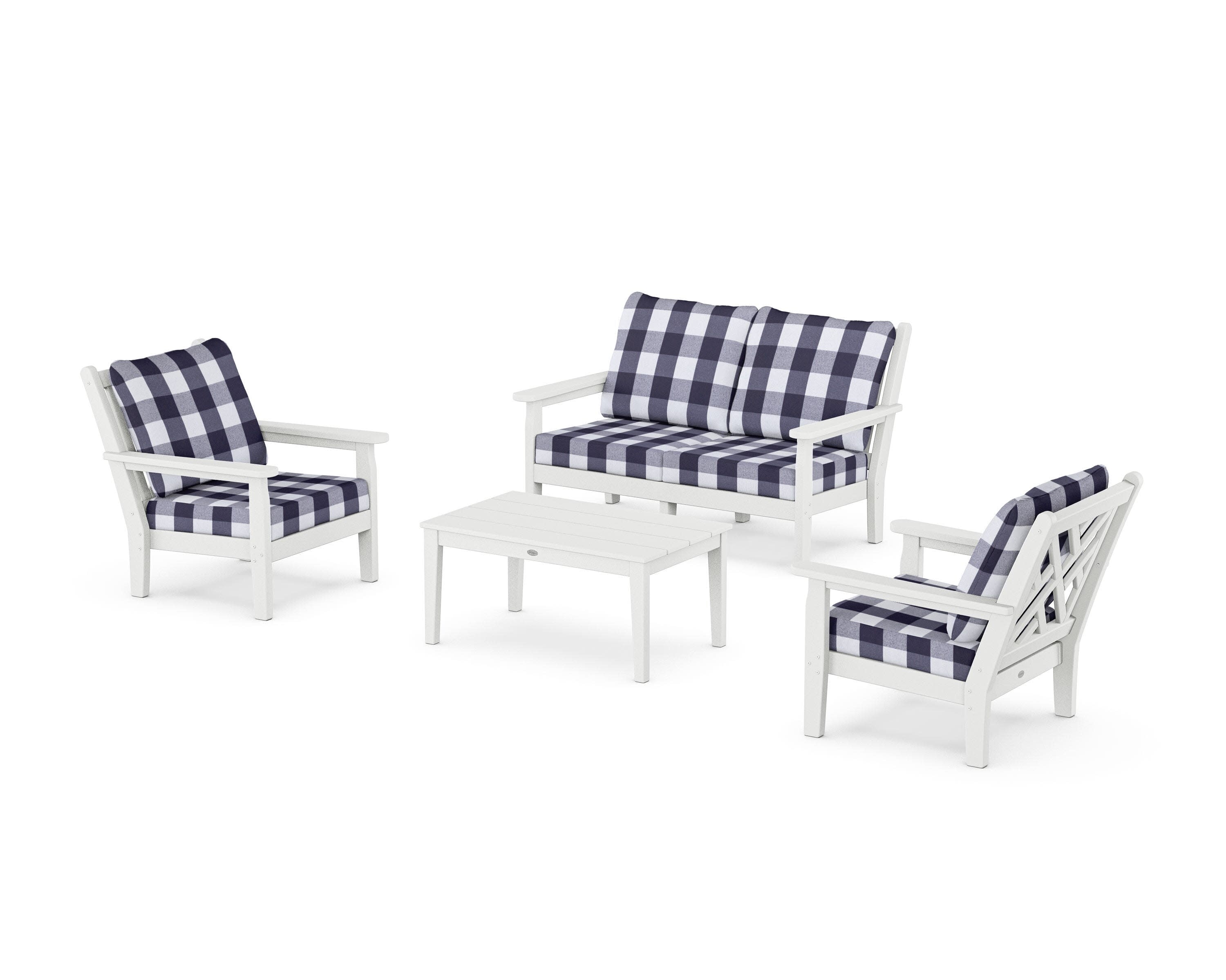 Chippendale 4-Piece Deep Seating Set with Loveseat in White / Buffalo Plaid Navy