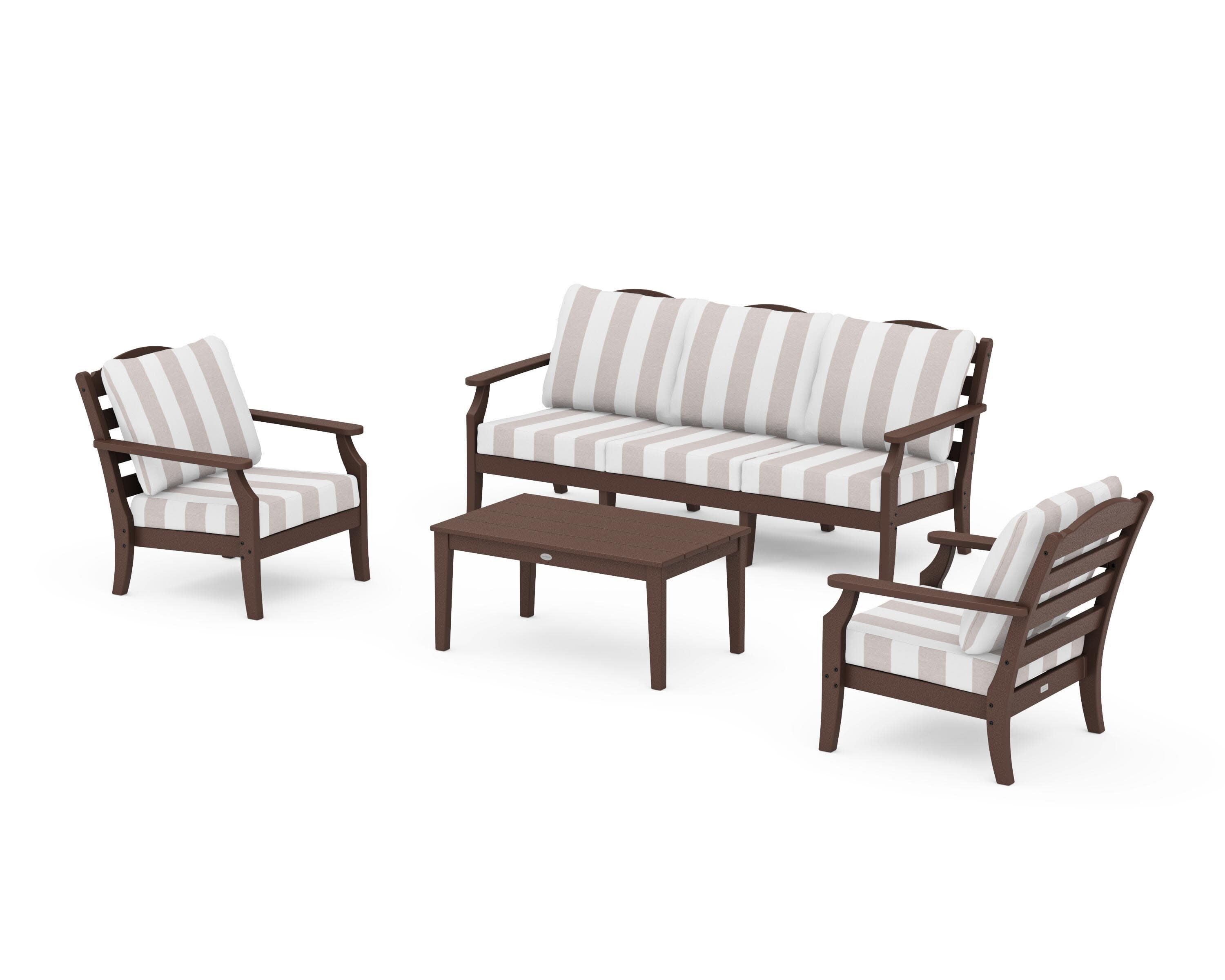 Savannah 4-Piece Deep Seating Set with Sofa in Mahogany / Cabana Stripe Dune Burlap