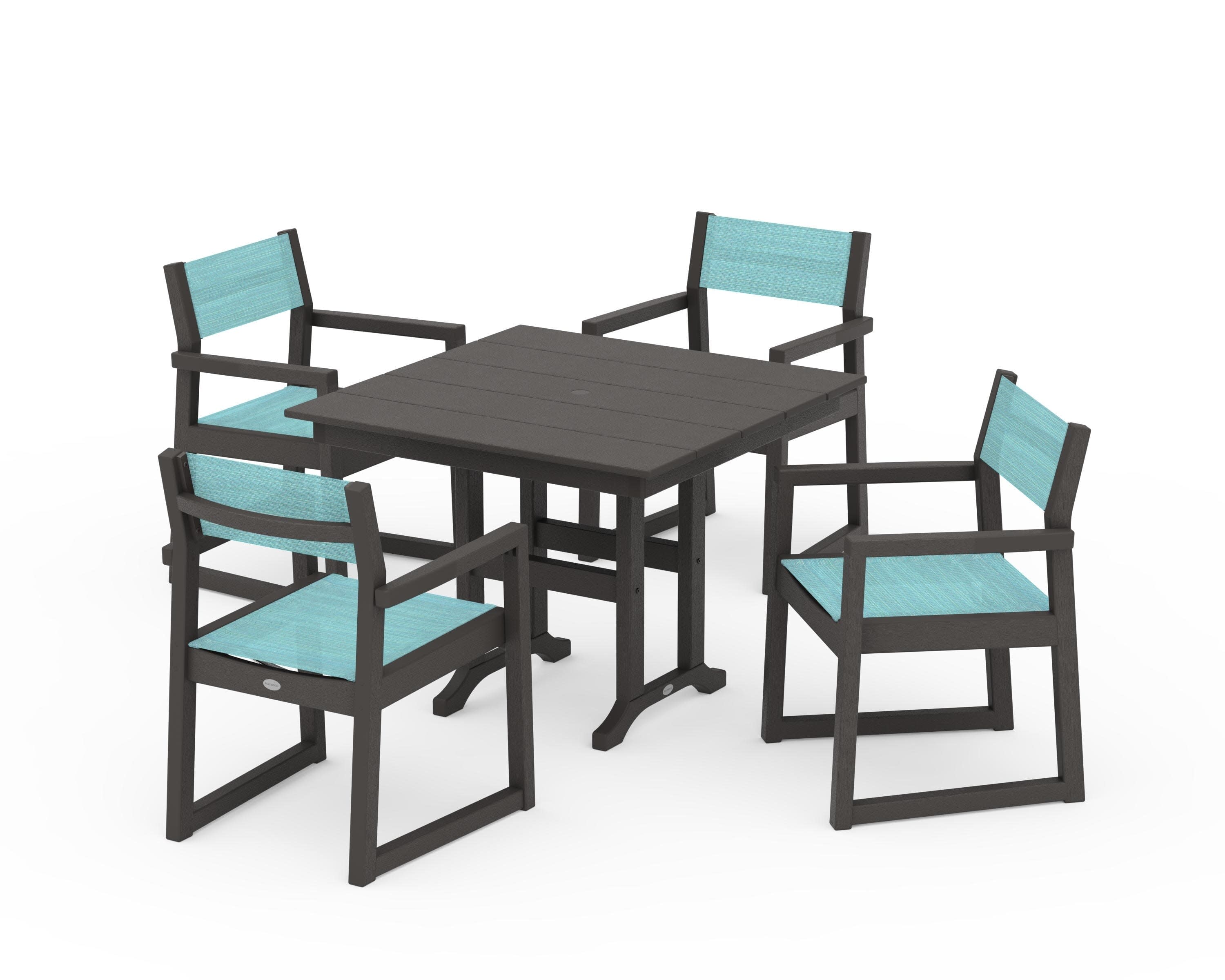EDGE Sling Arm Chair 5-Piece Farmhouse Dining Set in Vintage Coffee / Dupioni Aquamarine Sling