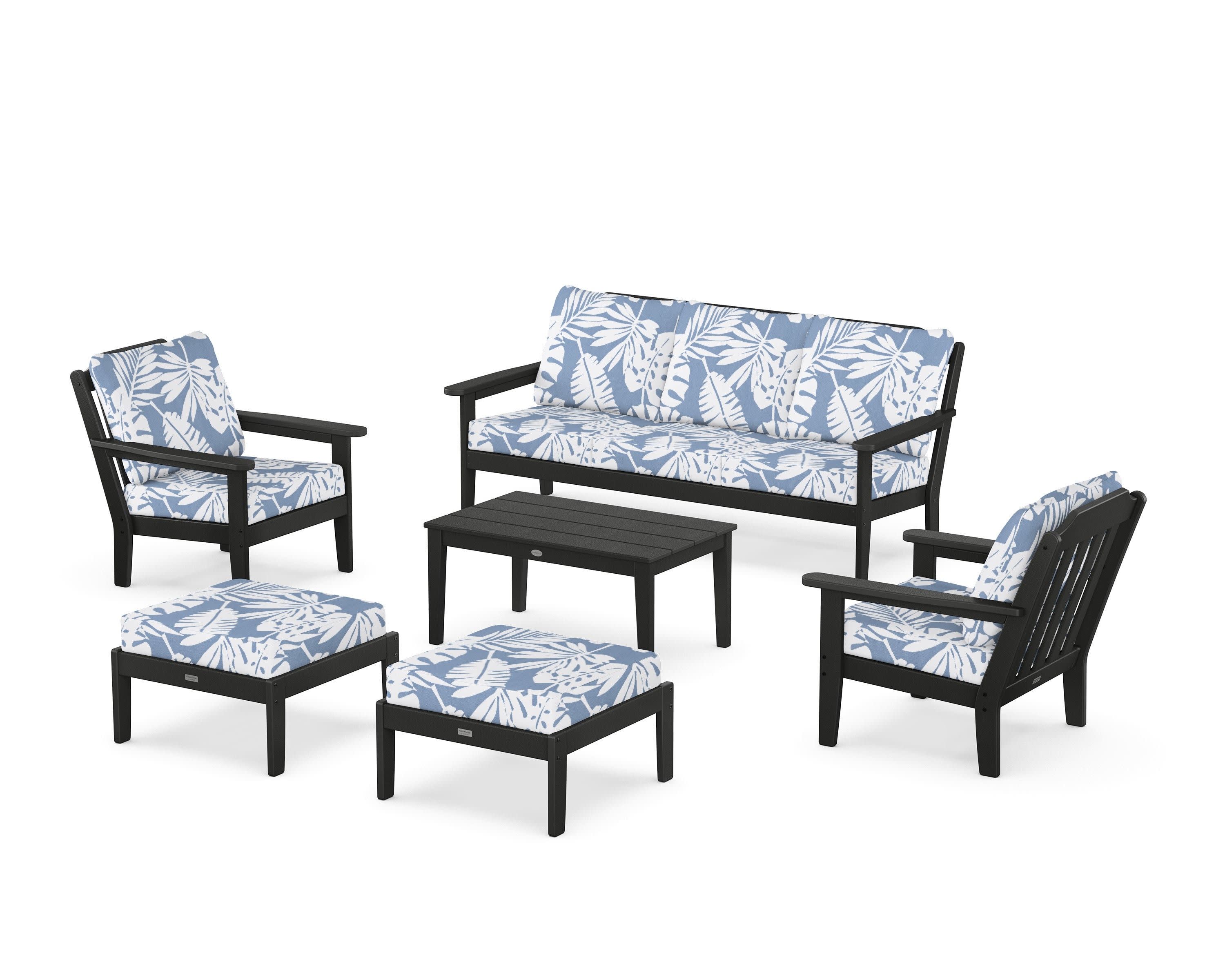 Cottage 6-Piece Lounge Sofa Set in Black / Leaf Sky Blue