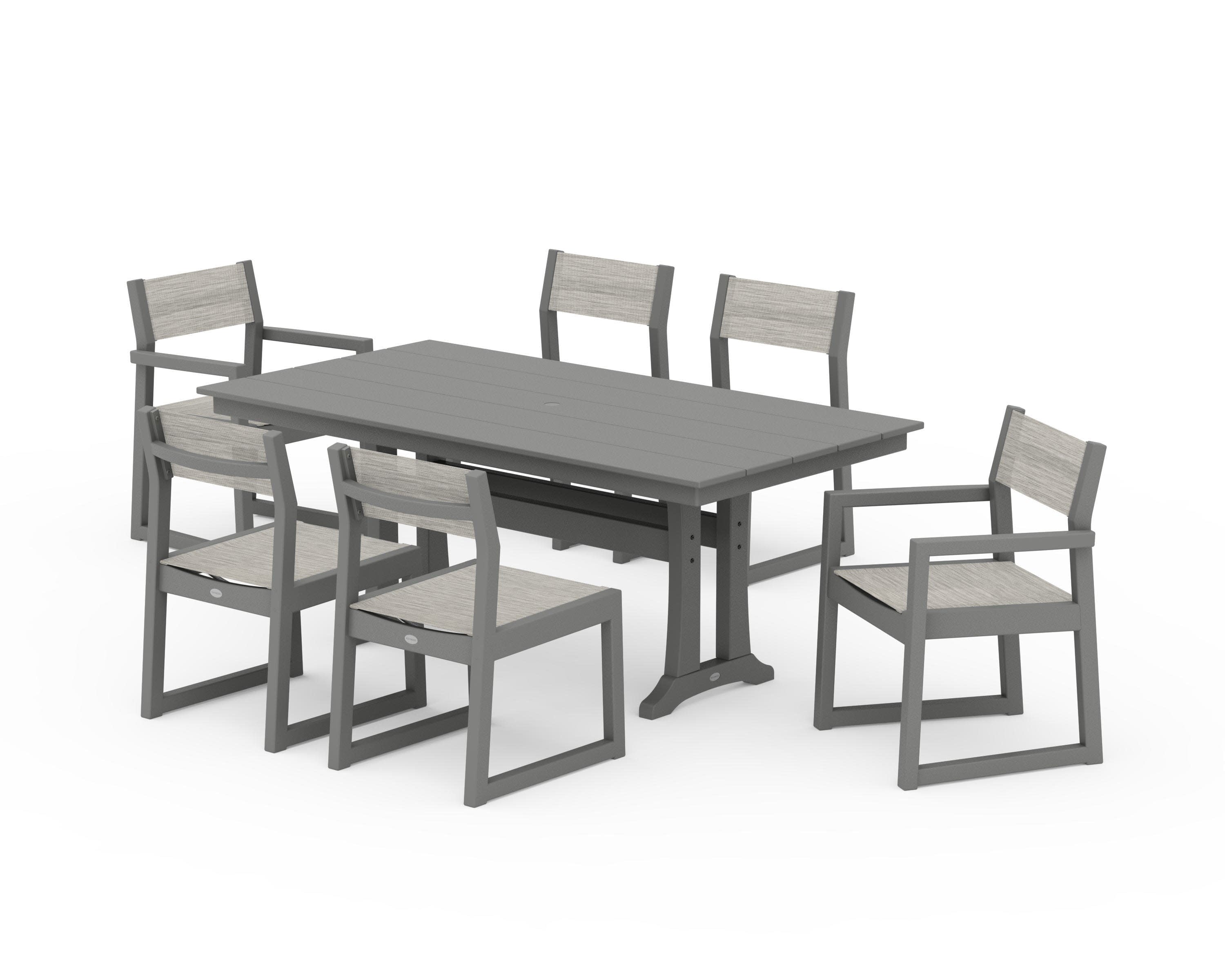 EDGE Sling 7-Piece Farmhouse Trestle Dining Set in Slate Grey / Birch Sling