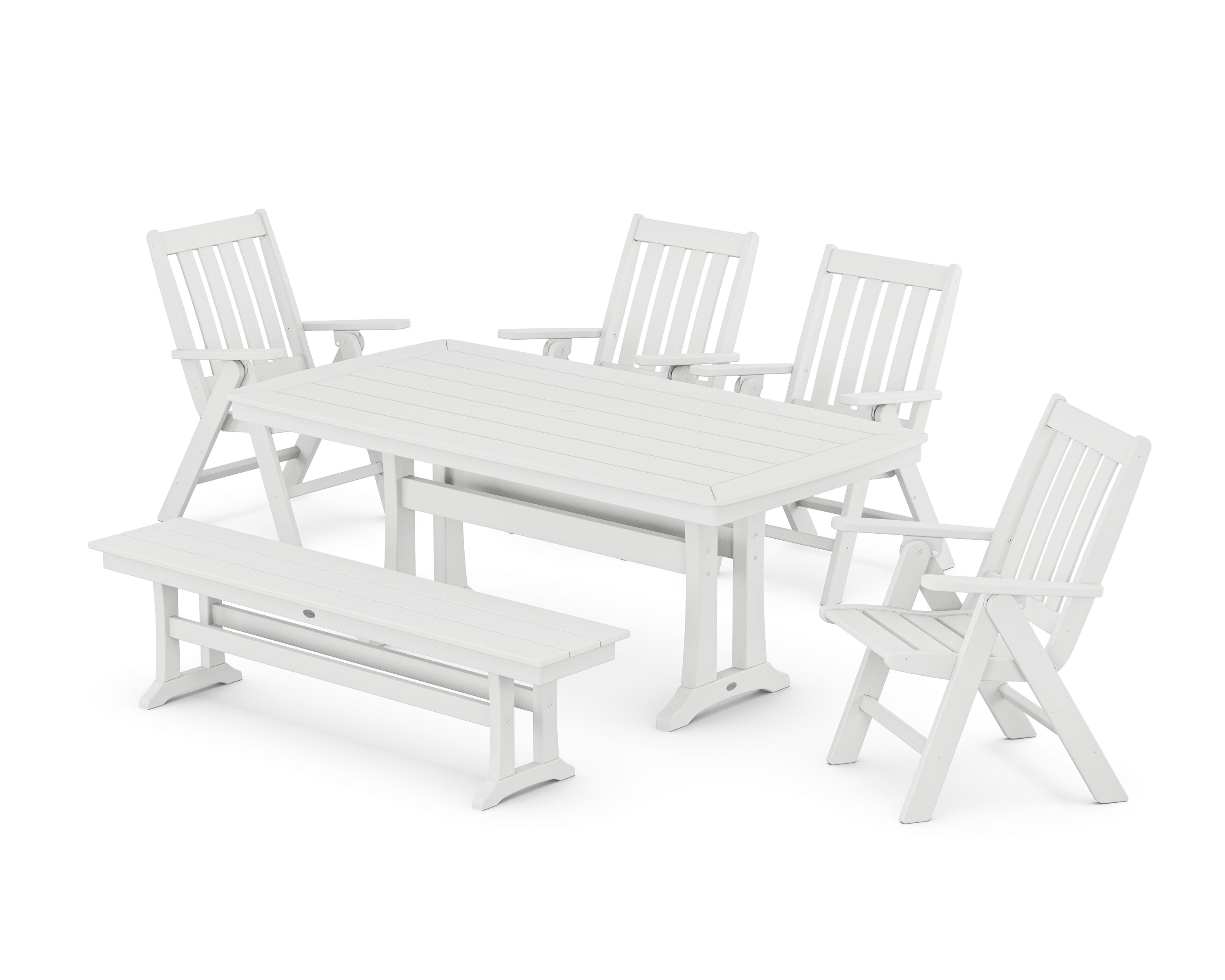 Vineyard Folding Chair 6-Piece Dining Set with Trestle Legs and Bench in White