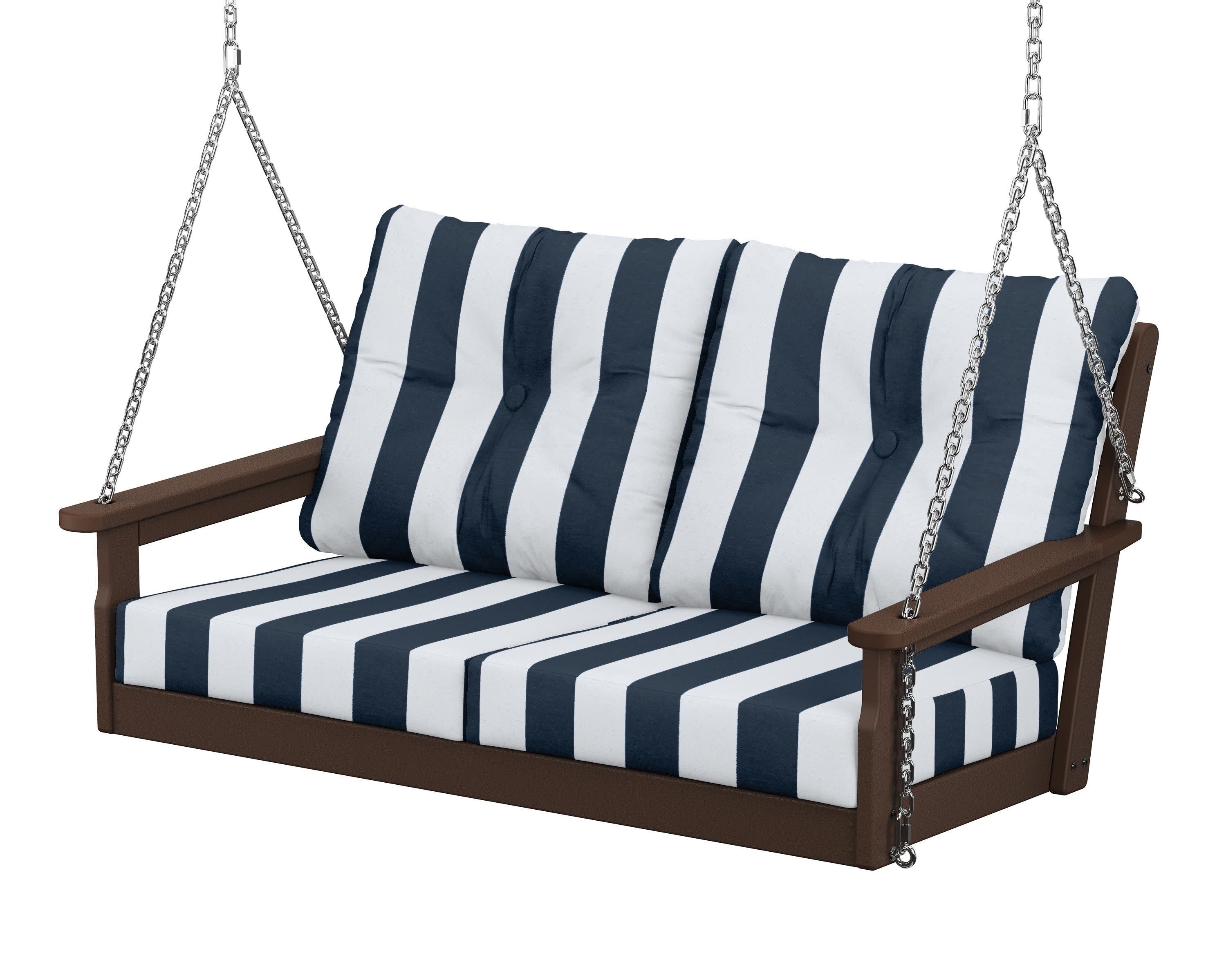 Vineyard Deep Seating Swing in Mahogany / Cabana Stripe Marine Indigo