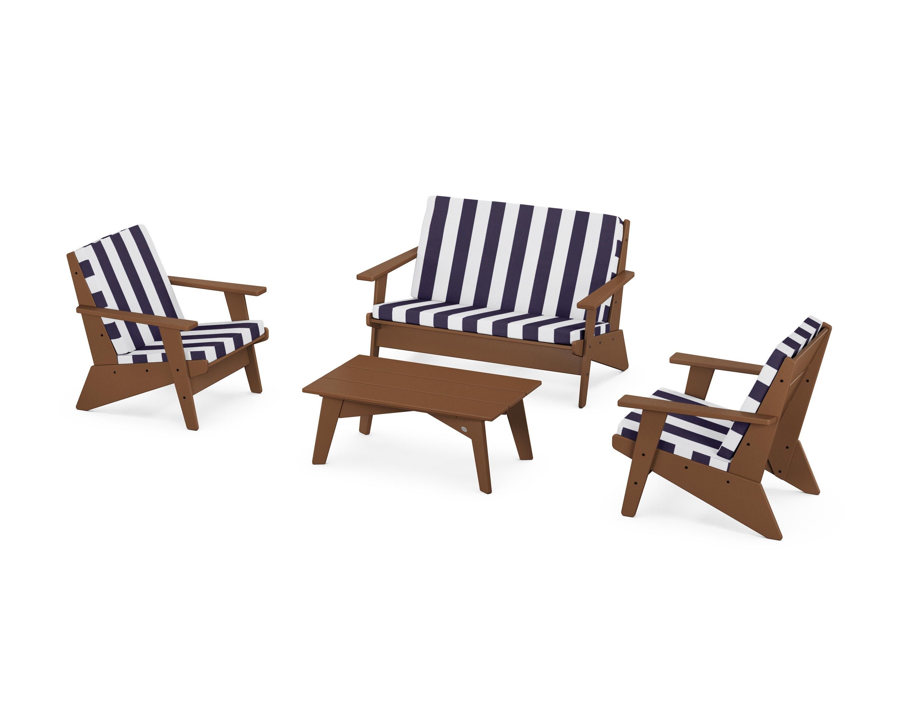 Riviera Modern Lounge 4-Piece Set in Teak / Cabana Stripe Navy