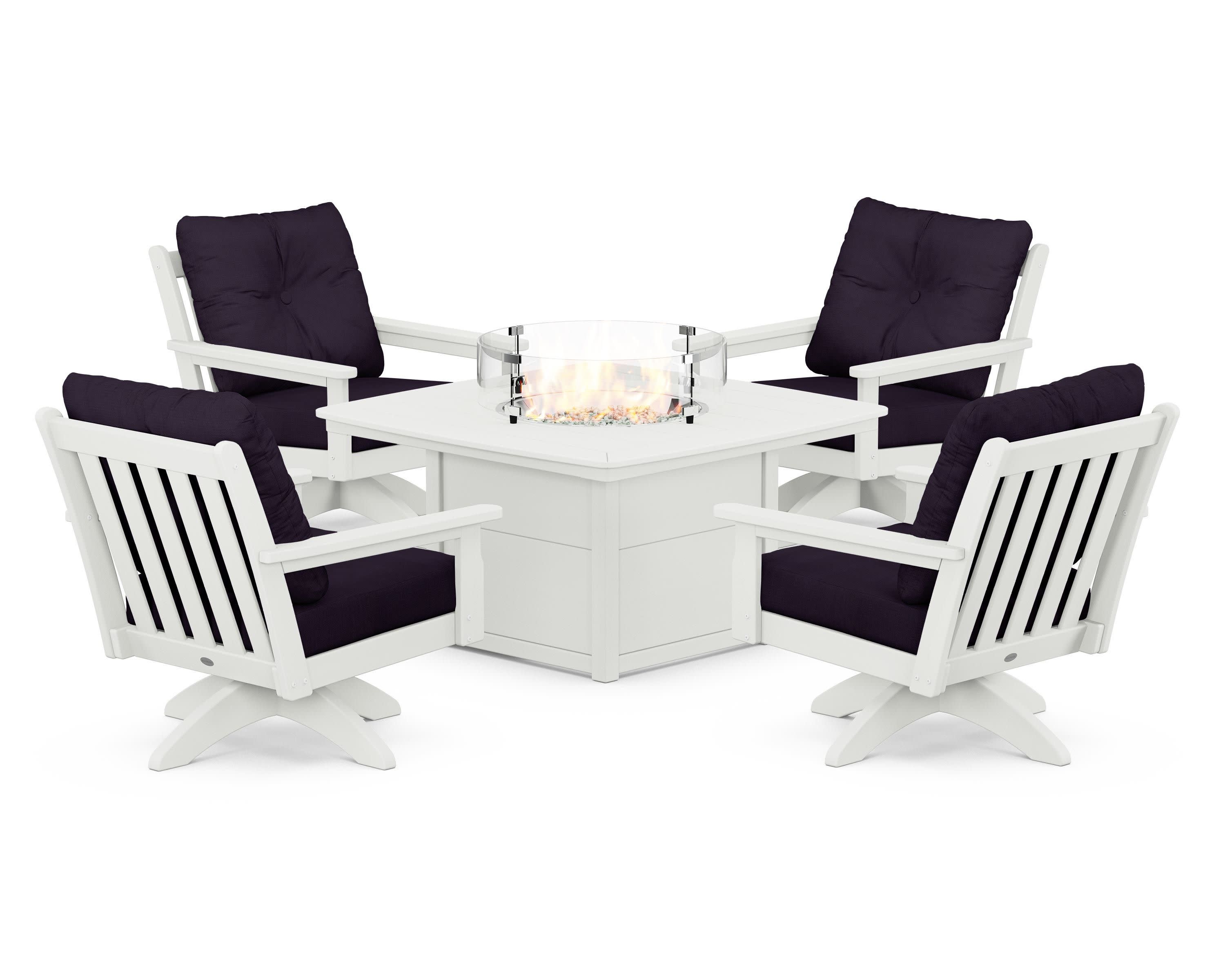 Vineyard 5-Piece Deep Seating Swivel Conversation Set with Fire Pit Table in Vintage White / Navy Linen