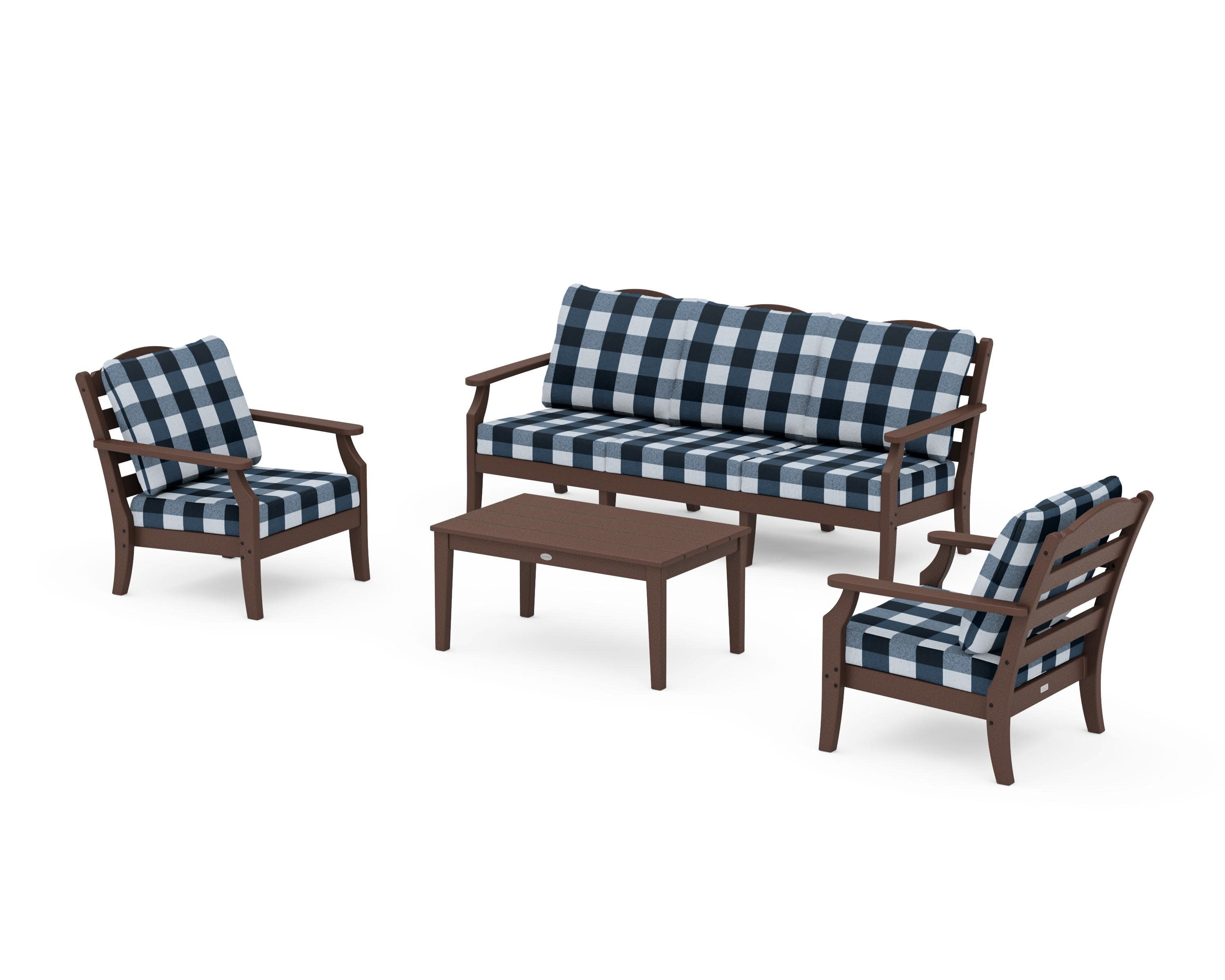 Savannah 4-Piece Deep Seating Set with Sofa in Mahogany / Buffalo Plaid Marine Indigo