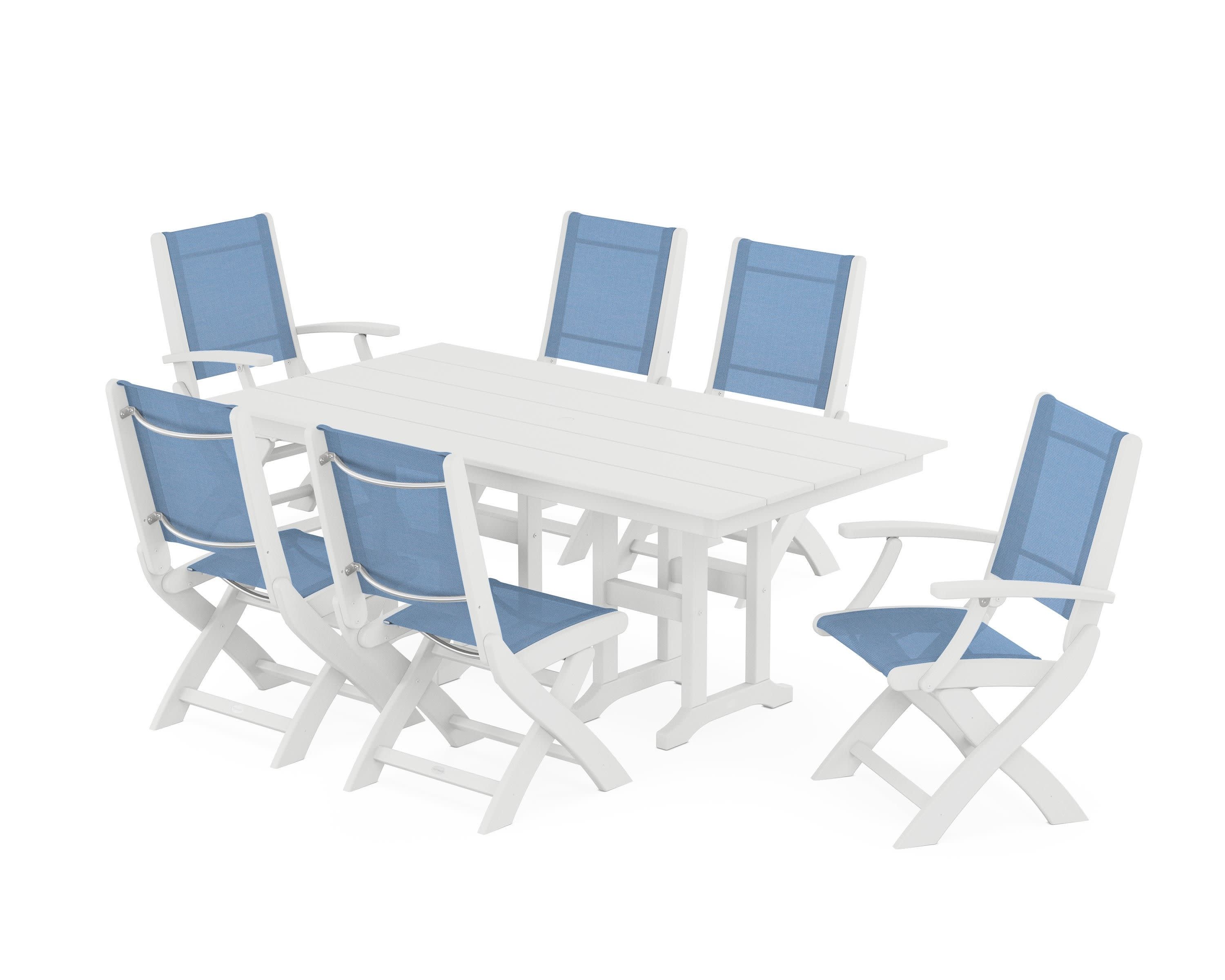 Coastal Folding Chair 7-Piece Farmhouse Dining Set in White / Poolside Sling