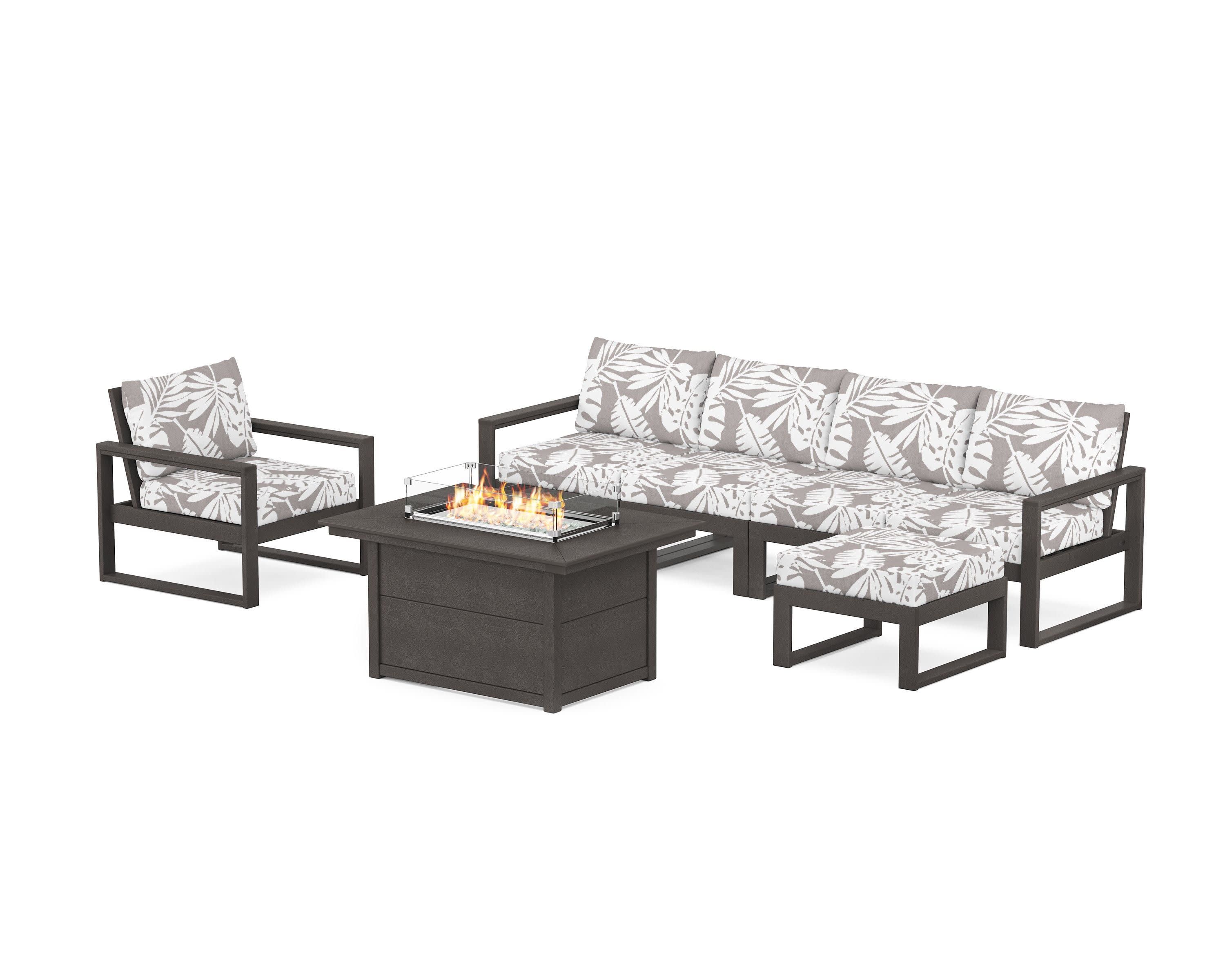 EDGE Sectional Lounge and Fire Pit Set in Vintage Coffee / Leaf Grey Mist