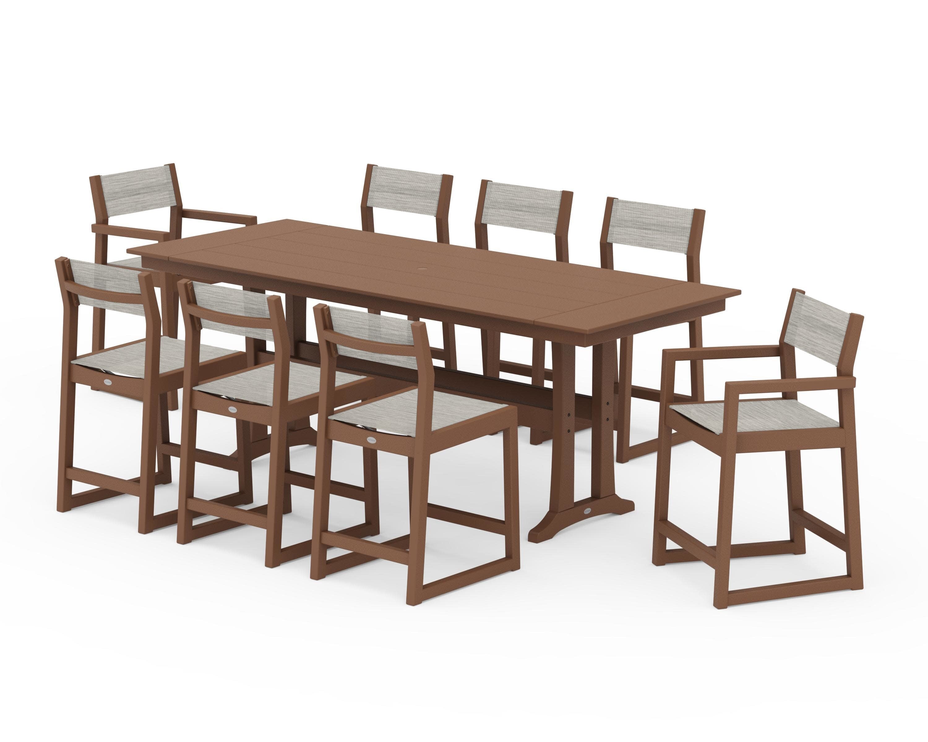 EDGE Sling 9-Piece Farmhouse Counter Set with Trestle Legs in Teak / Birch Sling