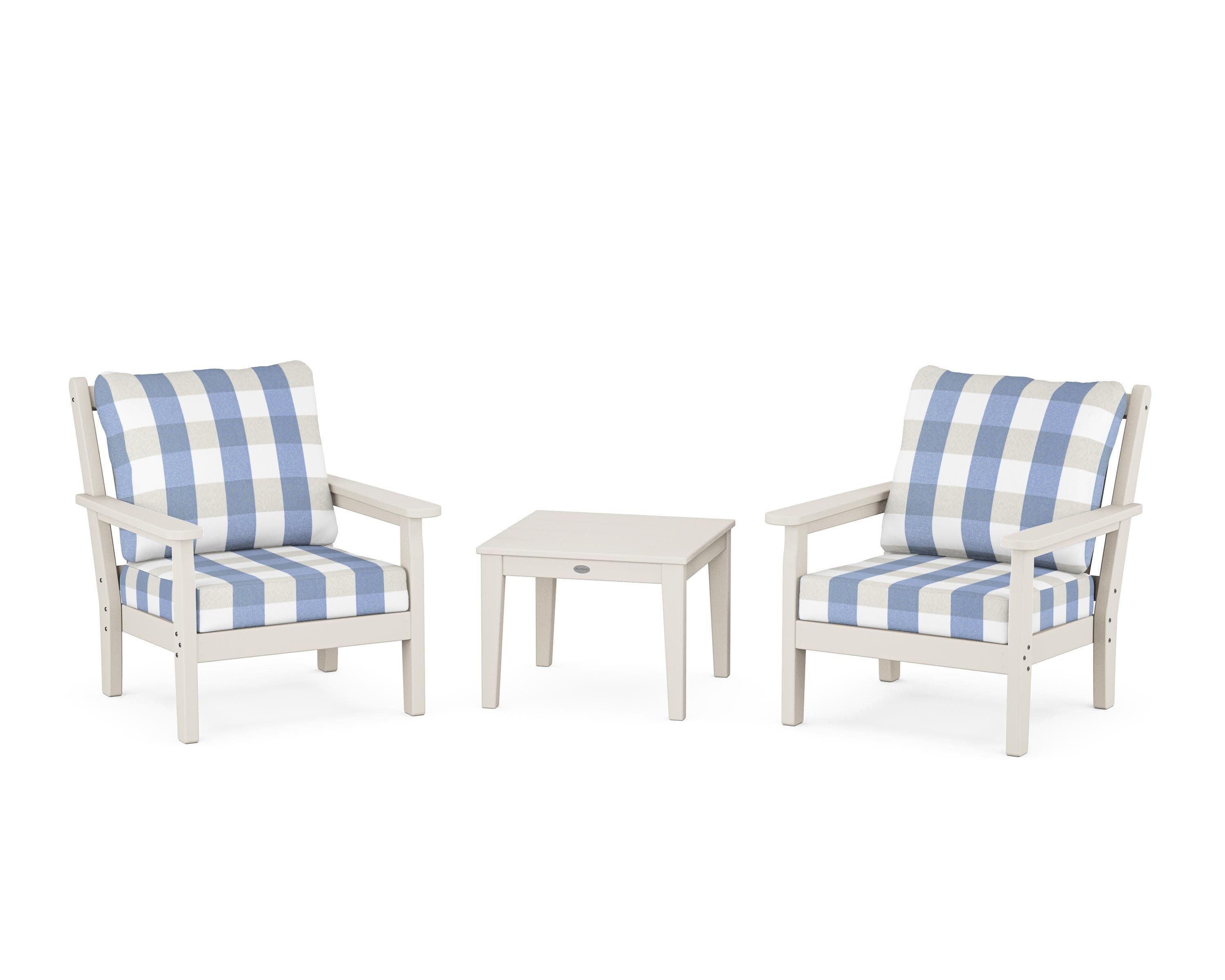 Chippendale 3-Piece Deep Seating Set in Sand / Buffalo Plaid Sky Blue
