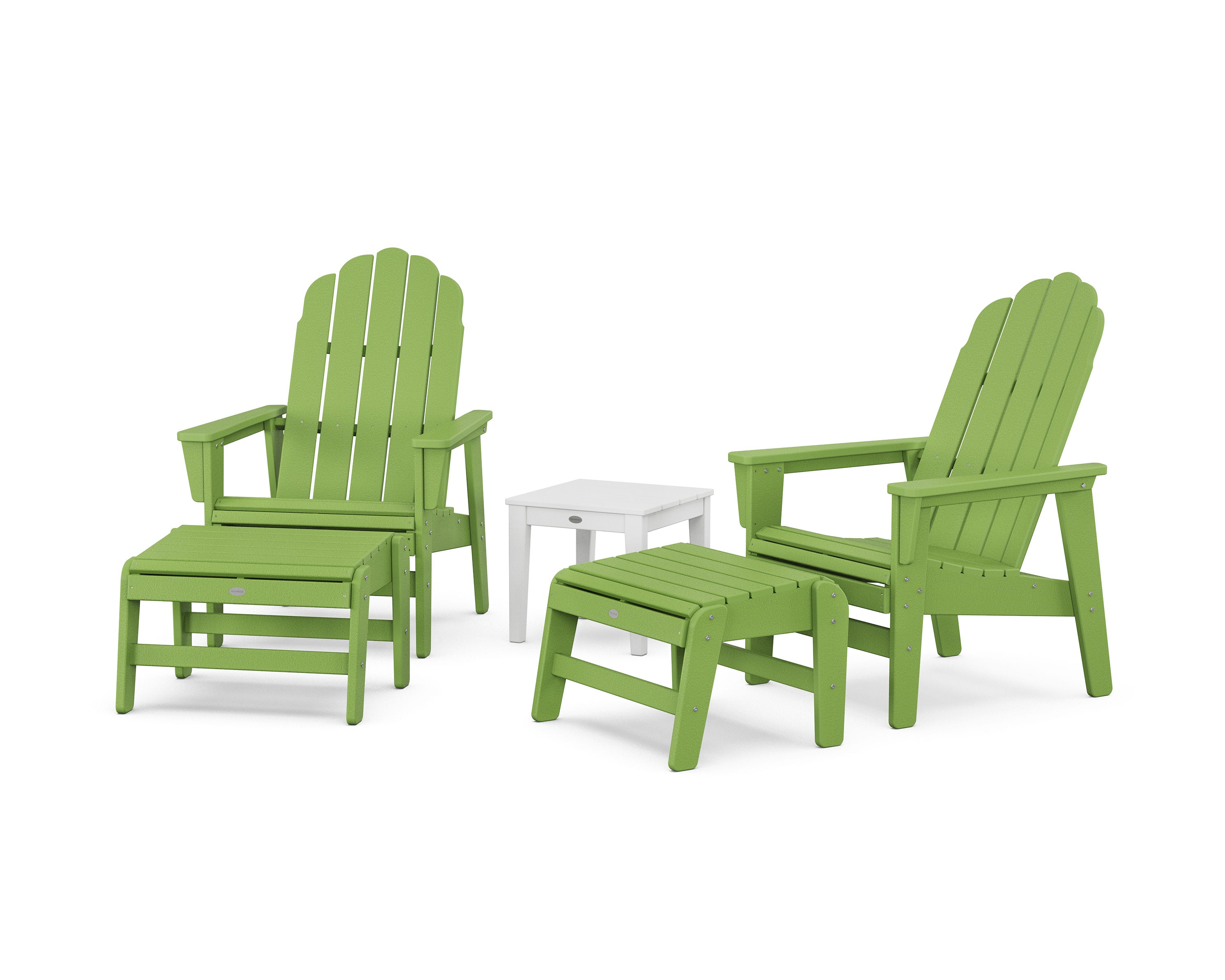 5-Piece Vineyard Grand Upright Adirondack Set with Ottomans and Side Table in Lime / White