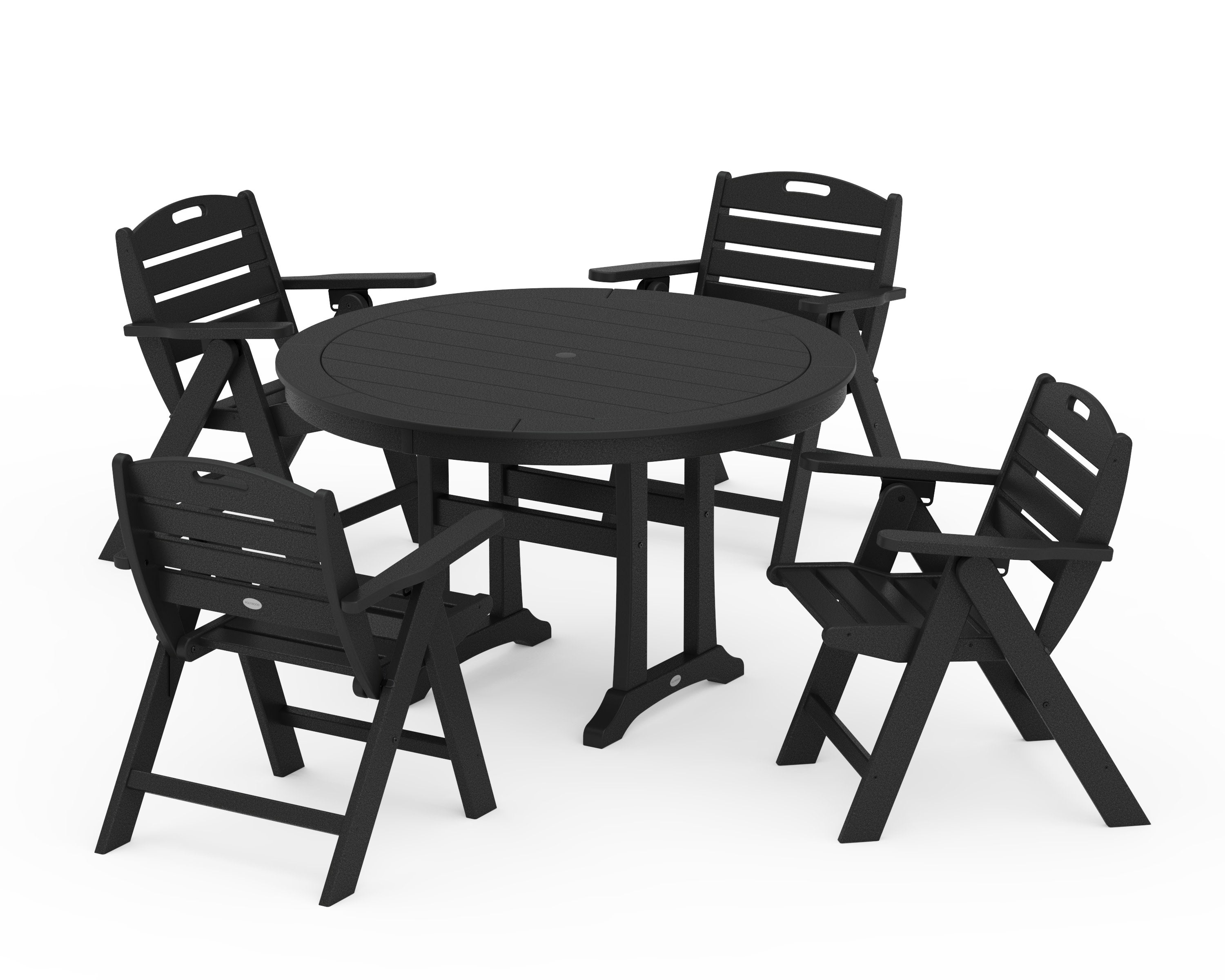 Nautical Folding Lowback Chair 5-Piece Round Dining Set With Trestle Legs in Black