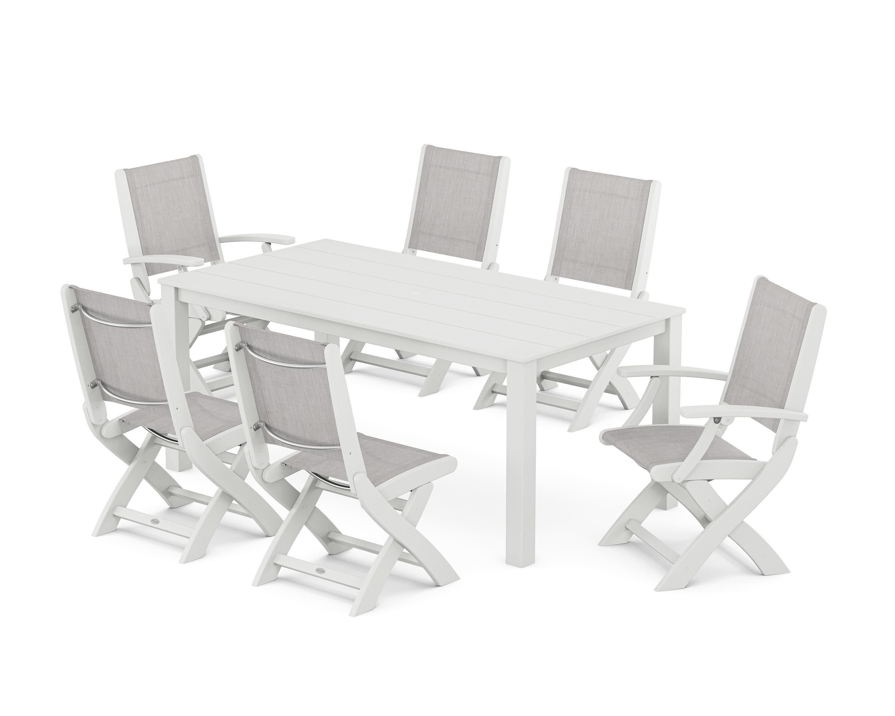 Coastal Folding Chair 7-Piece Parsons Dining Set in White / Parchment Sling