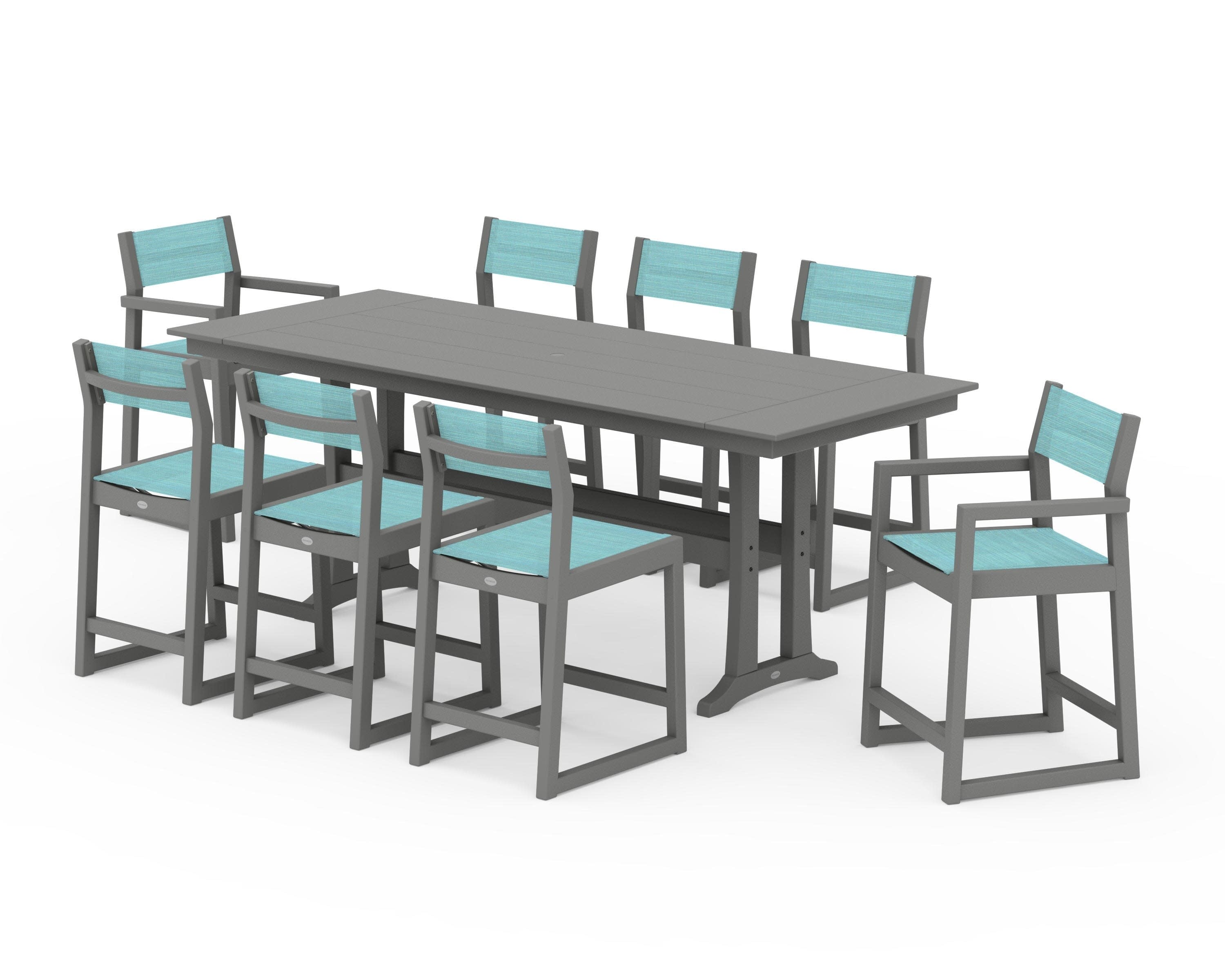 EDGE Sling 9-Piece Farmhouse Counter Set with Trestle Legs in Slate Grey / Dupioni Aquamarine Sling