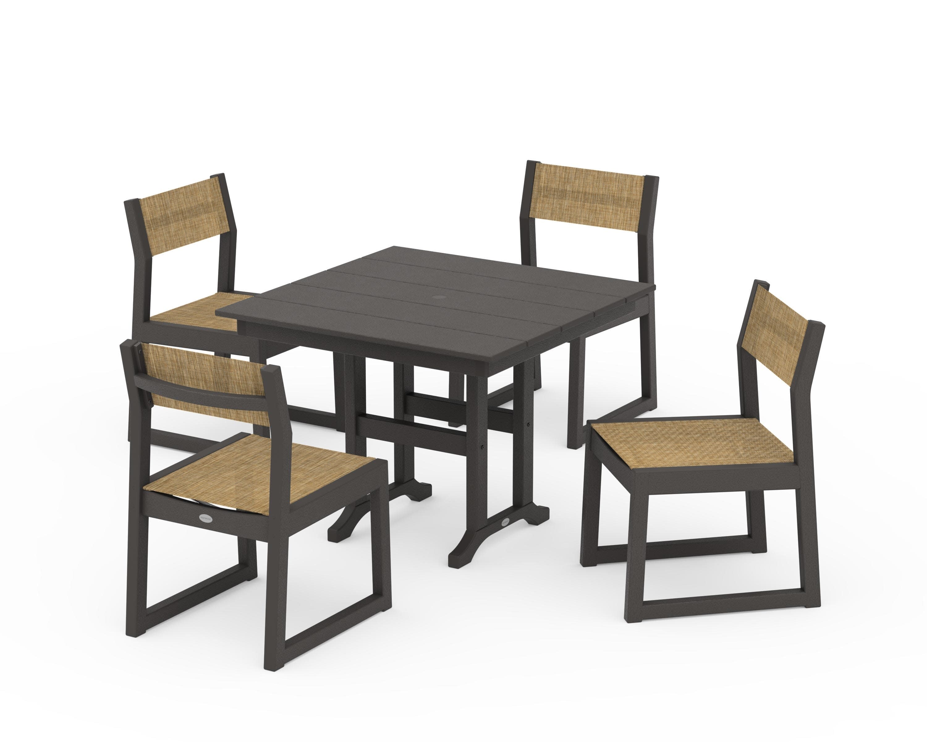 EDGE Sling Side Chair 5-Piece Farmhouse Dining Set in Vintage Coffee / Burlap Sling