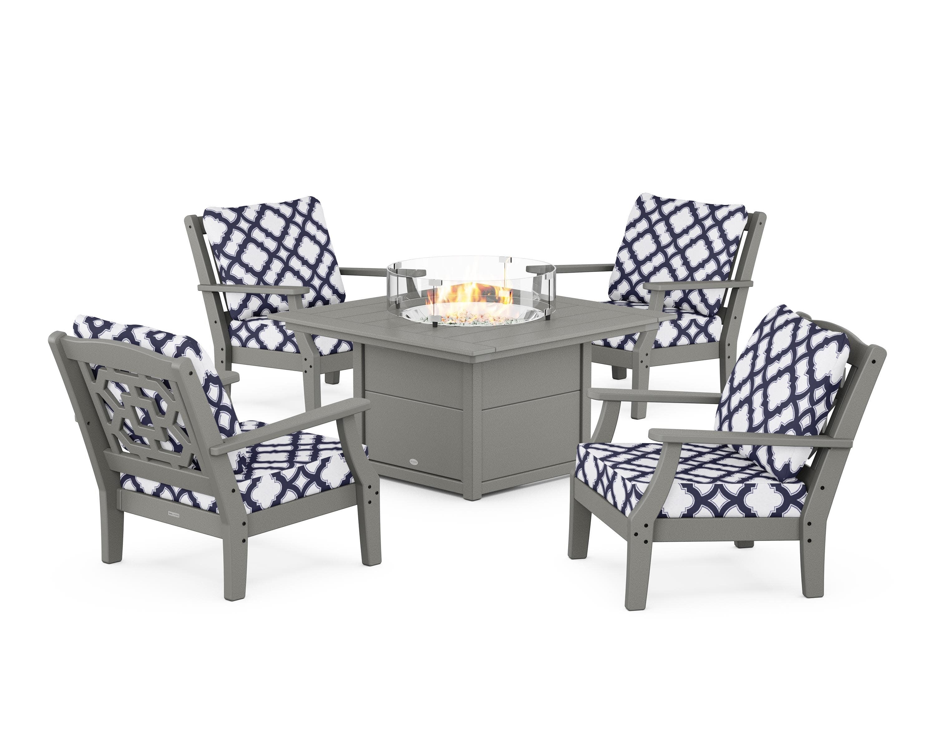 Chinoiserie 5-Piece Deep Seating Set with Fire Pit Table in Slate Grey / Trellis Navy