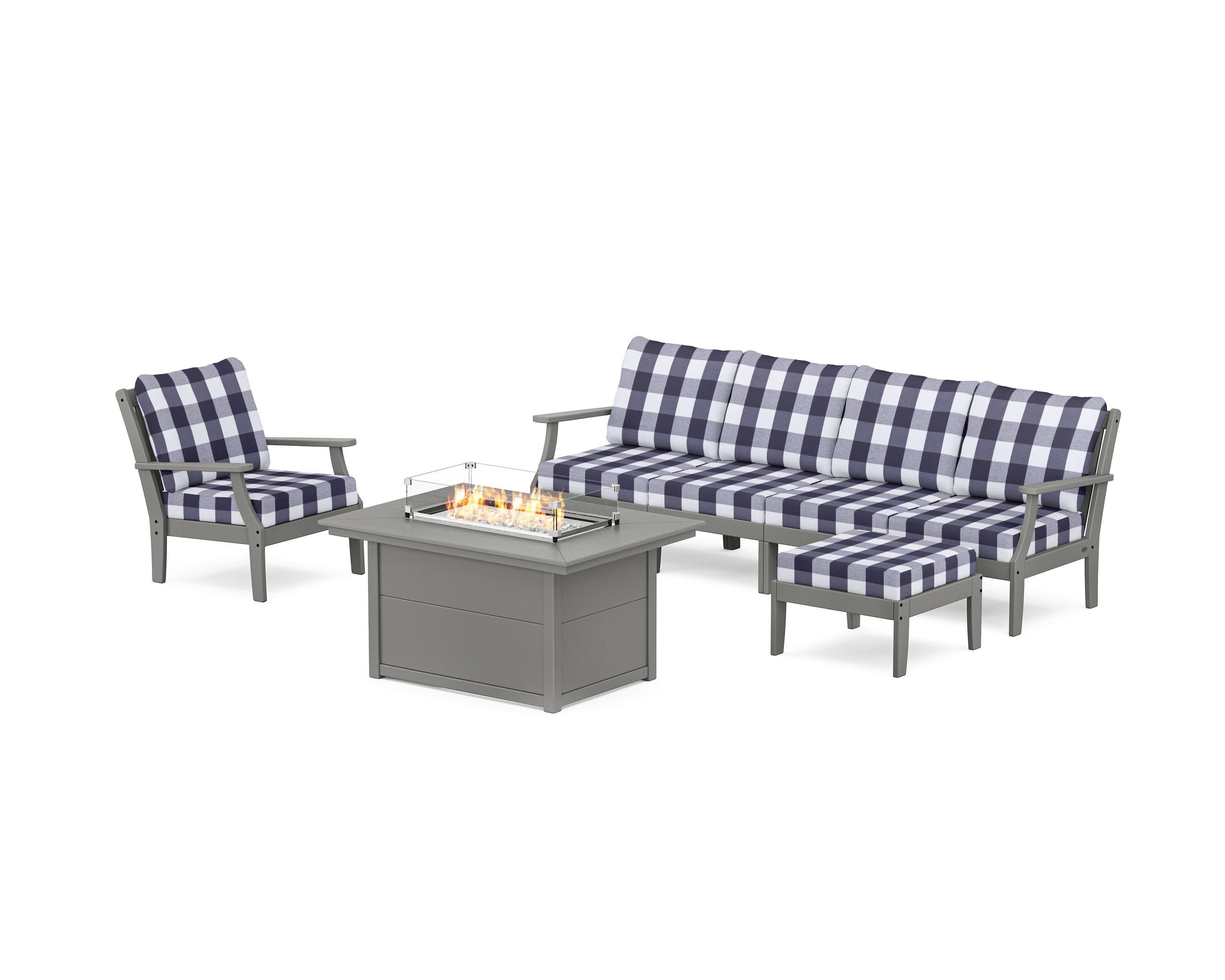 Braxton Sectional Lounge and Fire Pit Set in Slate Grey / Buffalo Plaid Navy