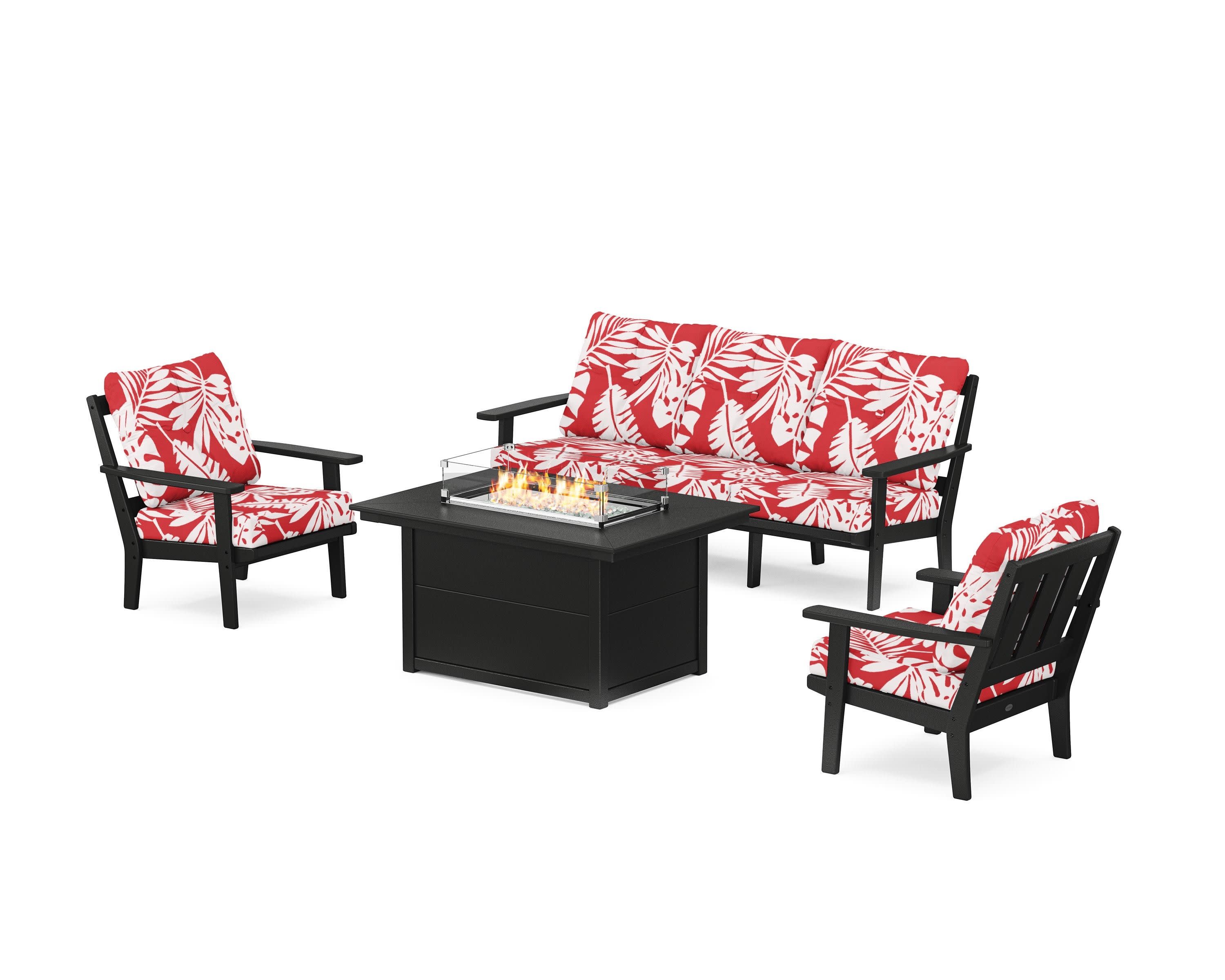 Oxford Deep Seating Fire Pit Table Set in Black / Leaf Crimson