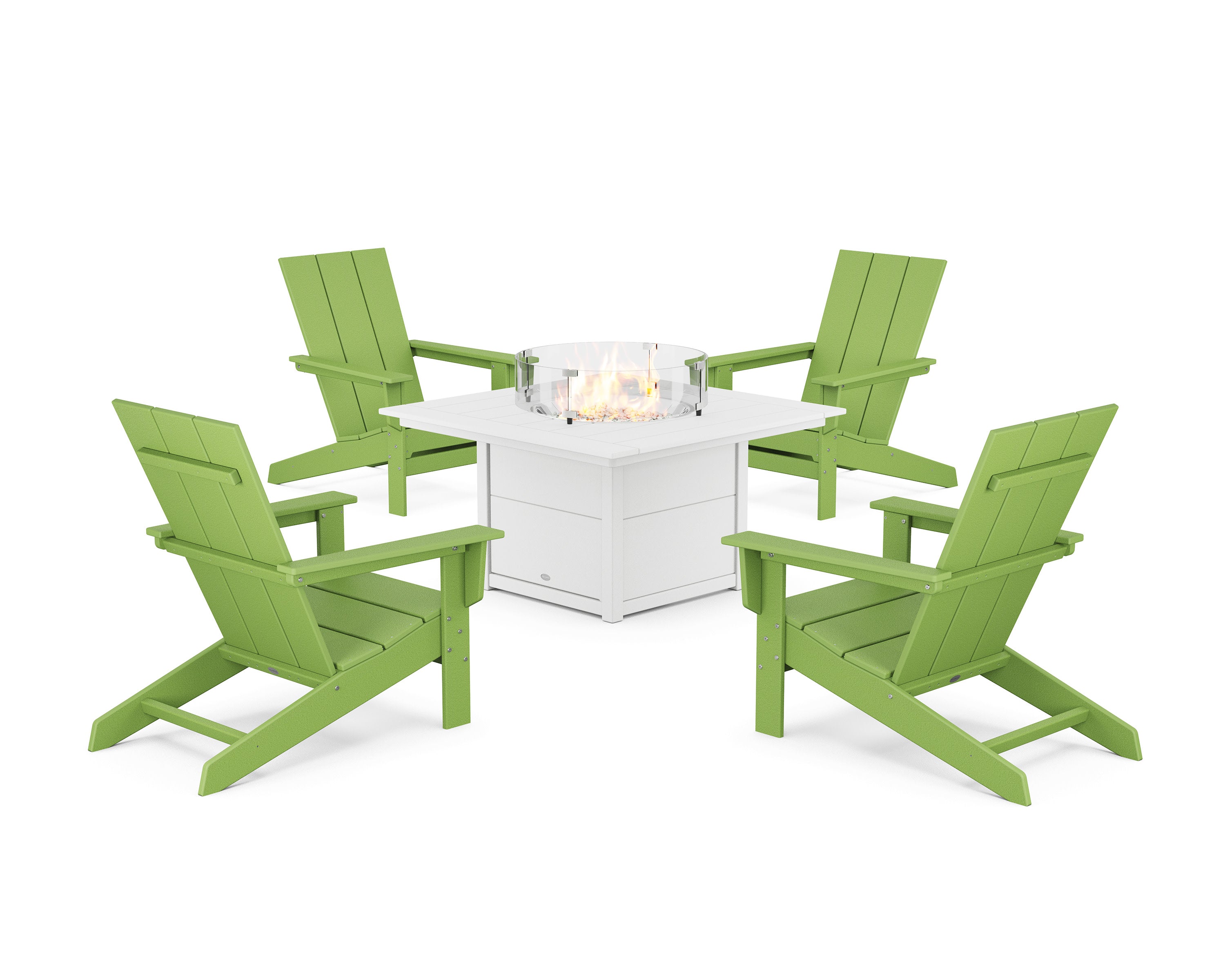 5-Piece Modern Studio Adirondack Conversation Set with Fire Pit Table in Lime / White