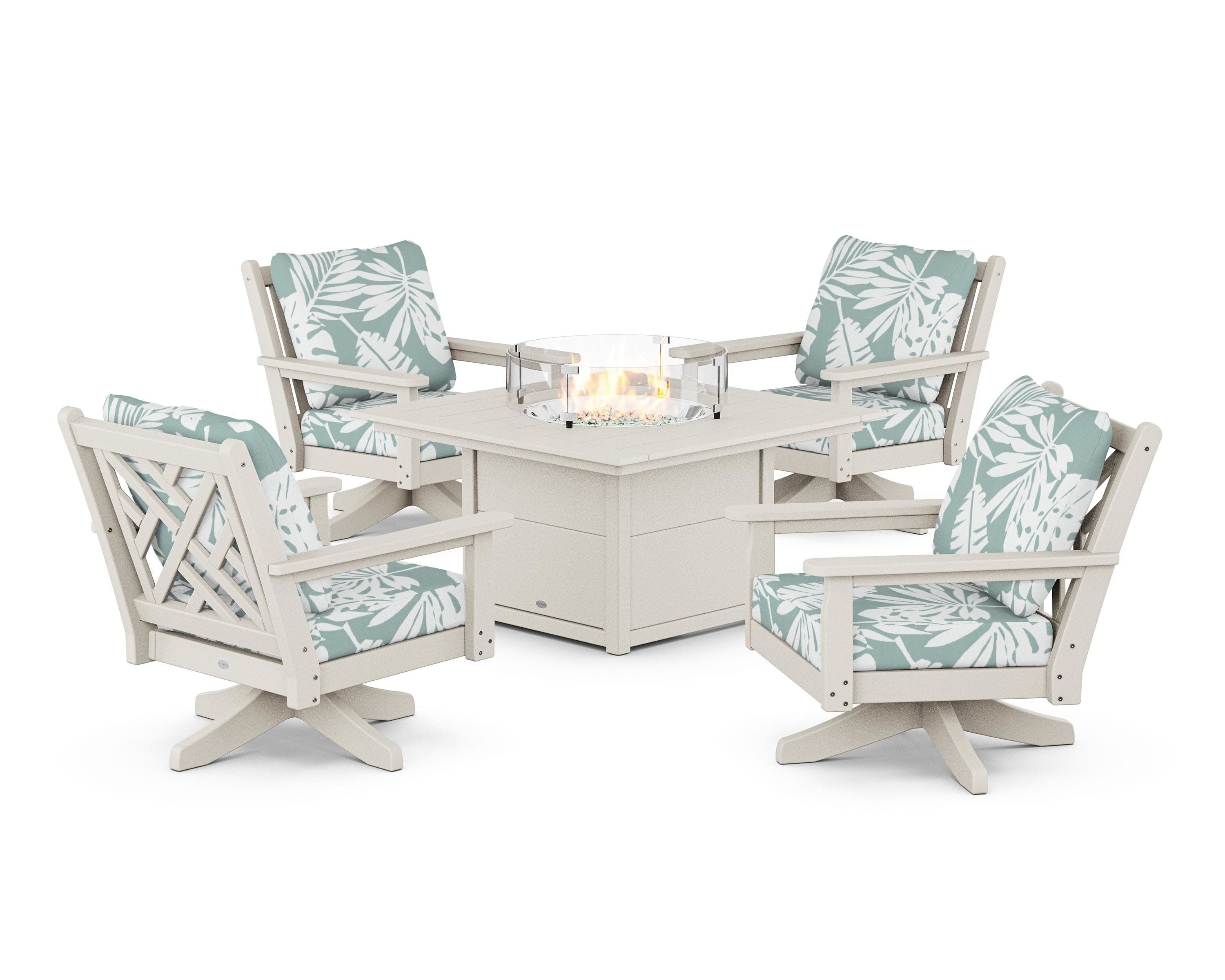 Chippendale 5-Piece Deep Seating Swivel Conversation Set with Fire Pit Table in Sand / Leaf Glacier Spa