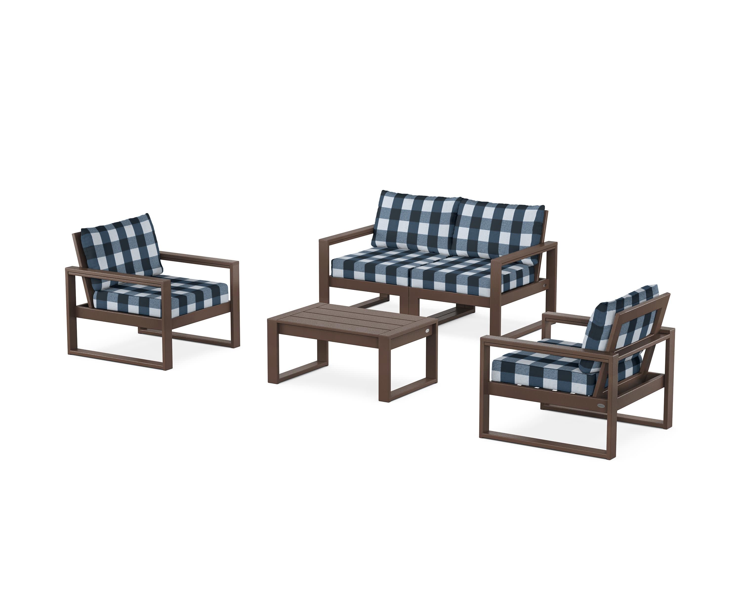 EDGE Sectional 4-Piece Deep Seating Set with Loveseat in Mahogany / Buffalo Plaid Marine Indigo