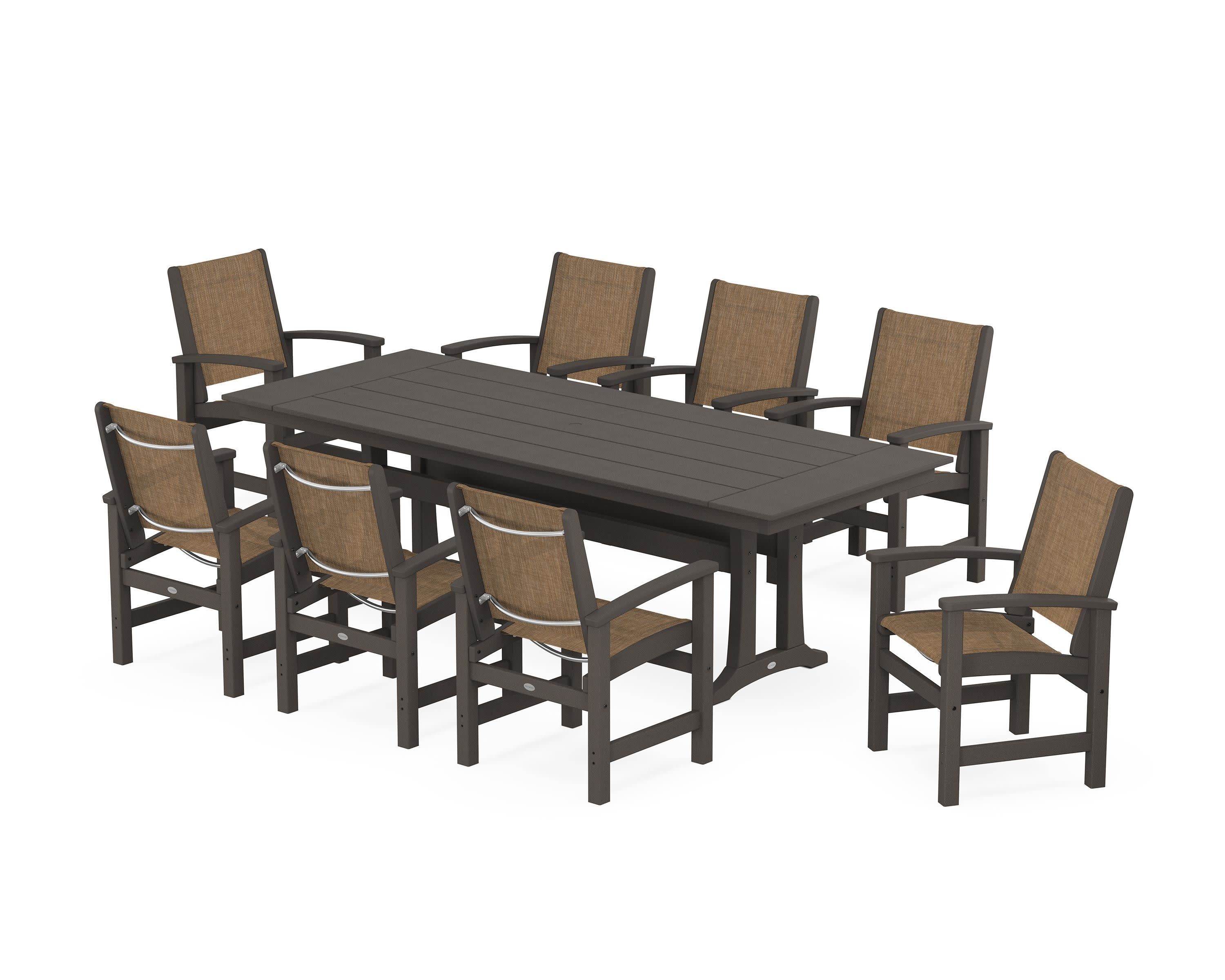 Coastal 9-Piece Farmhouse Dining Set with Trestle Legs in Vintage Coffee / Burlap Sling