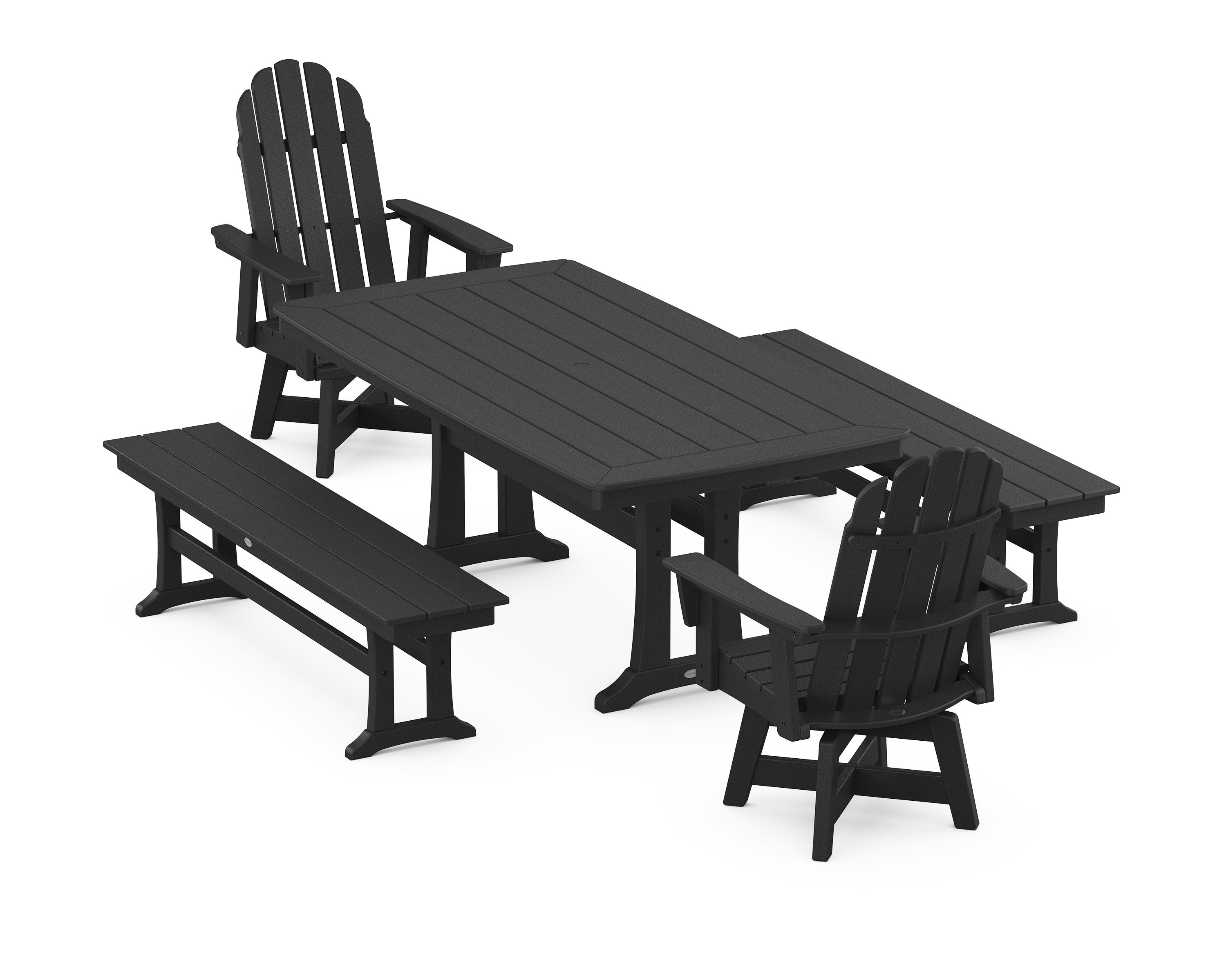 Vineyard Adirondack Swivel Chair 5-Piece Dining Set with Trestle Legs and Benches in Black