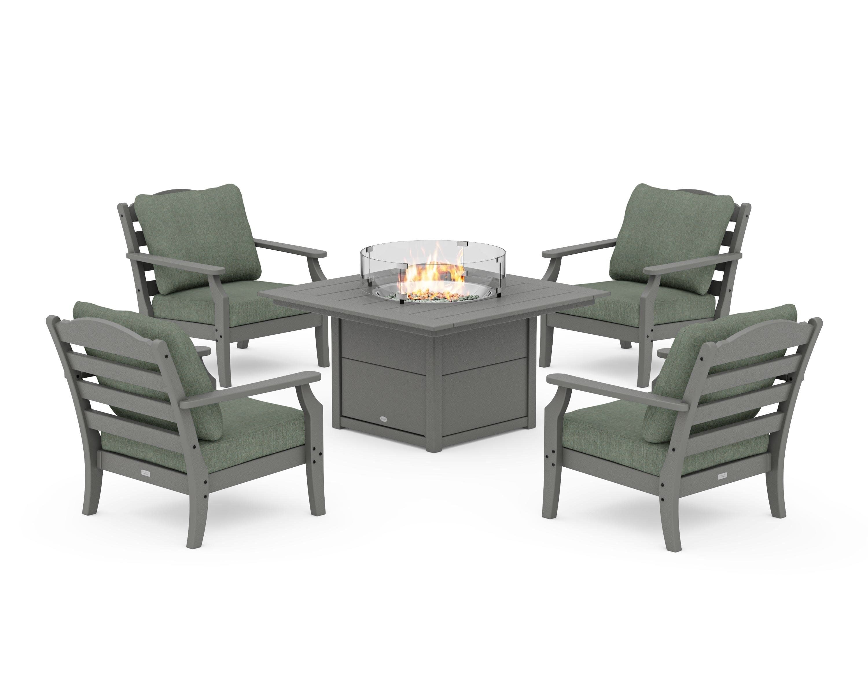 Savannah 5-Piece Deep Seating Set with Fire Pit Table in Slate Grey / Cast Sage