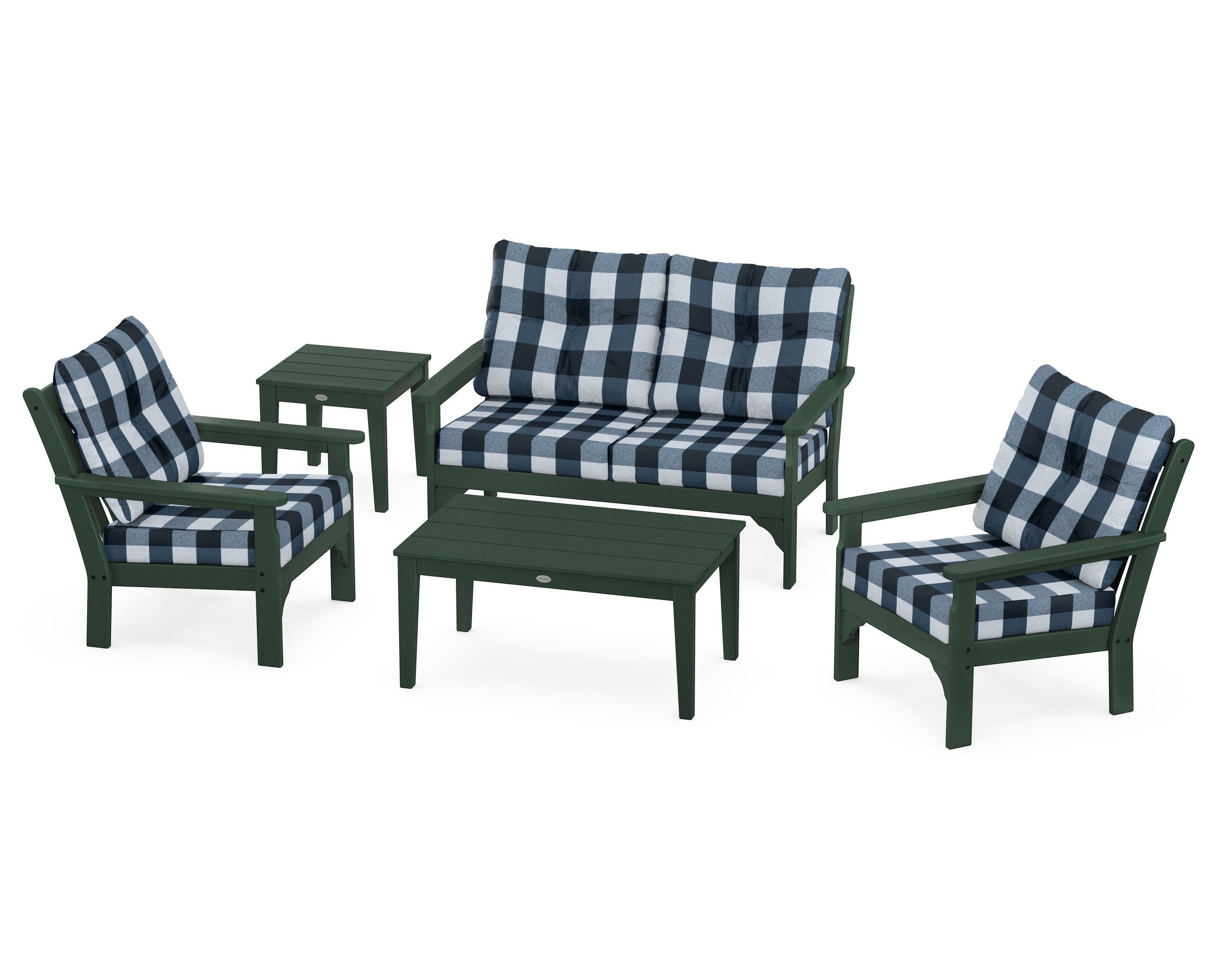 Vineyard 5-Piece Deep Seating Set in Green / Buffalo Plaid Marine Indigo