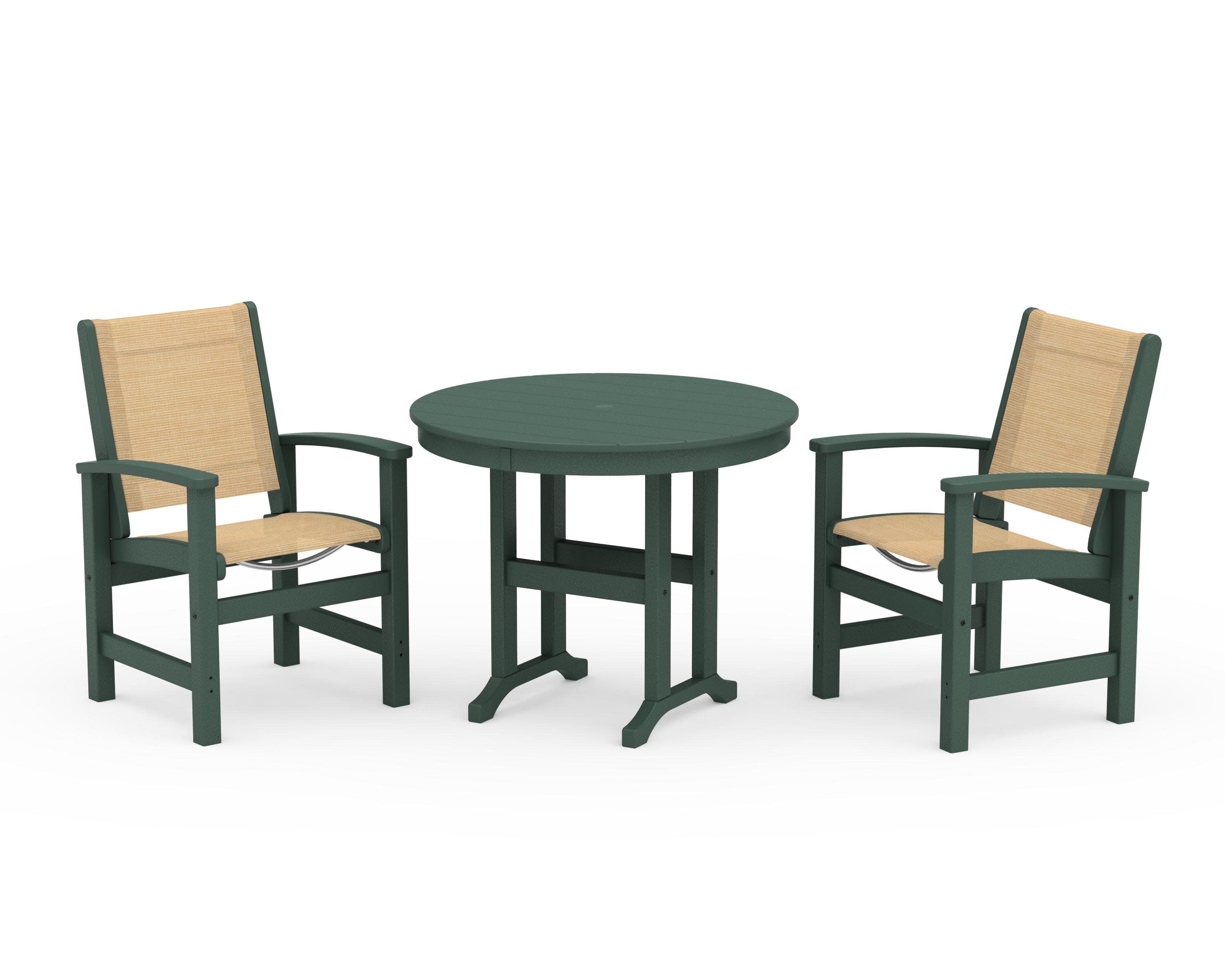 Coastal 3-Piece Round Dining Set in Green / Dupioni Apricot Sling