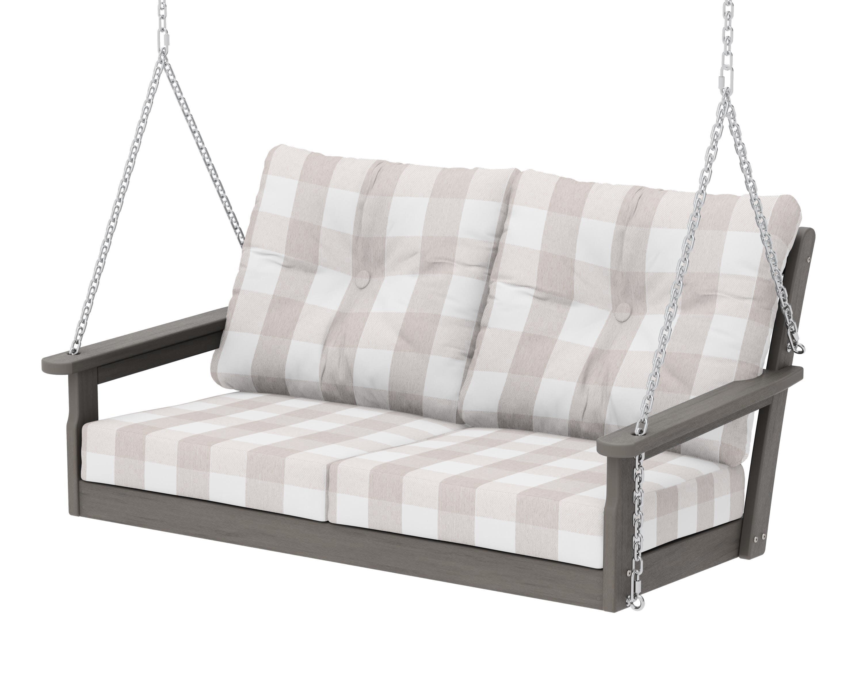 Vineyard Deep Seating Swing in Driftwood / Buffalo Plaid Dune Burlap