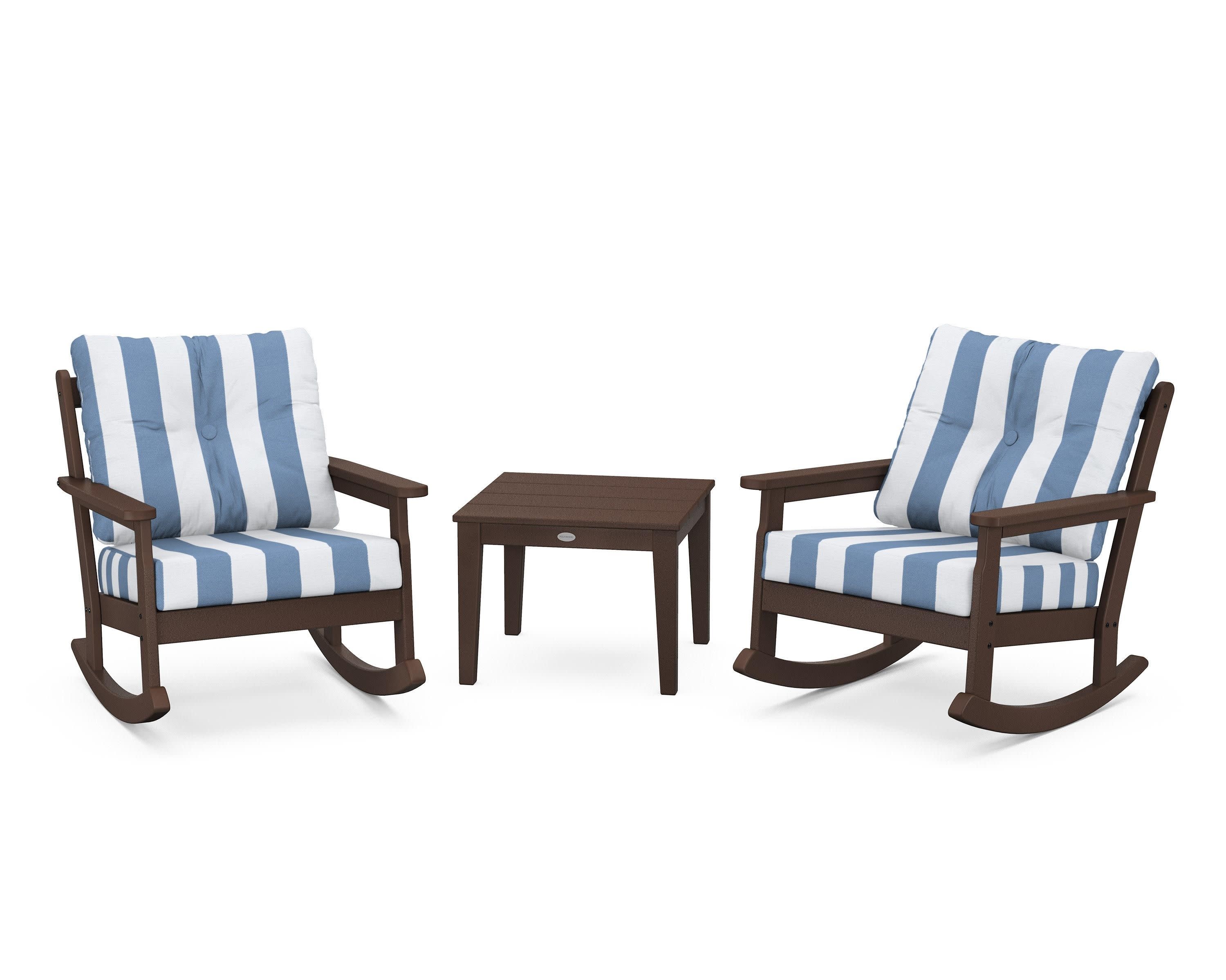 Vineyard 3-Piece Deep Seating Rocker Set in Mahogany / Cabana Stripe Sky Blue