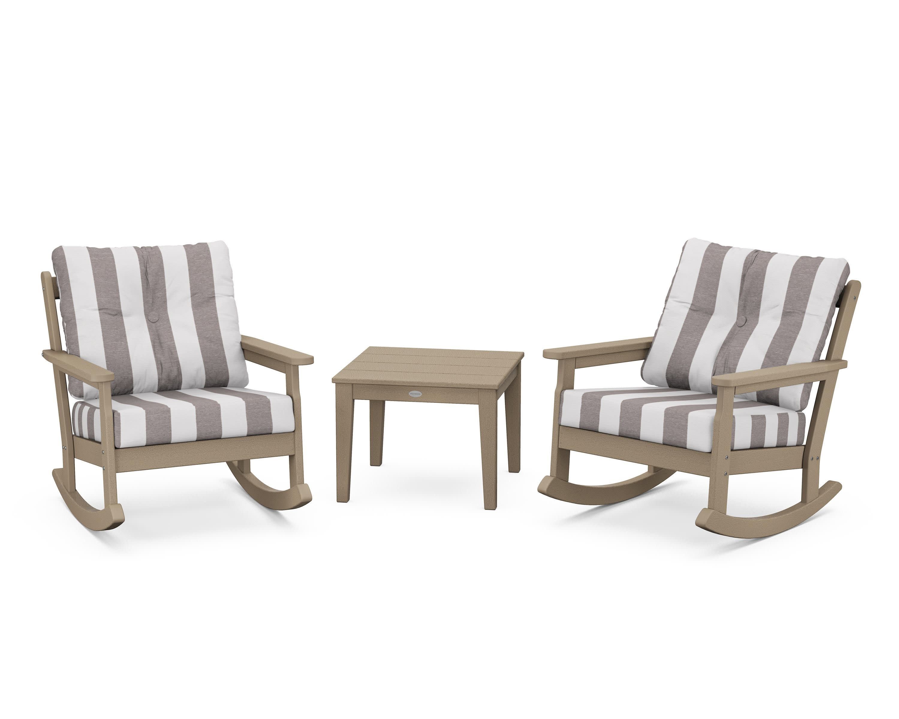 Vineyard 3-Piece Deep Seating Rocker Set in Vintage Sahara / Cabana Stripe Grey Mist