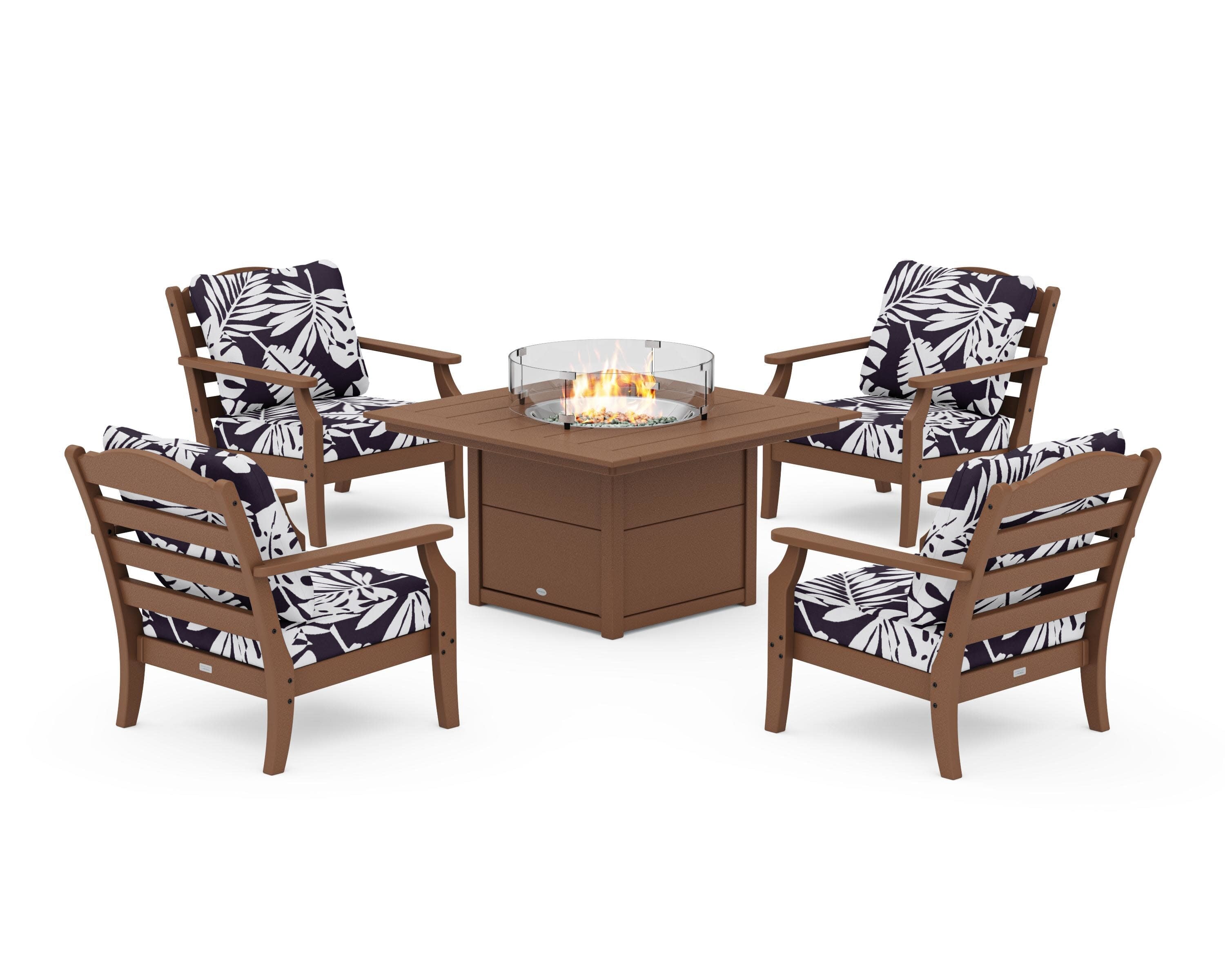 Savannah 5-Piece Deep Seating Set with Fire Pit Table in Teak / Leaf Navy