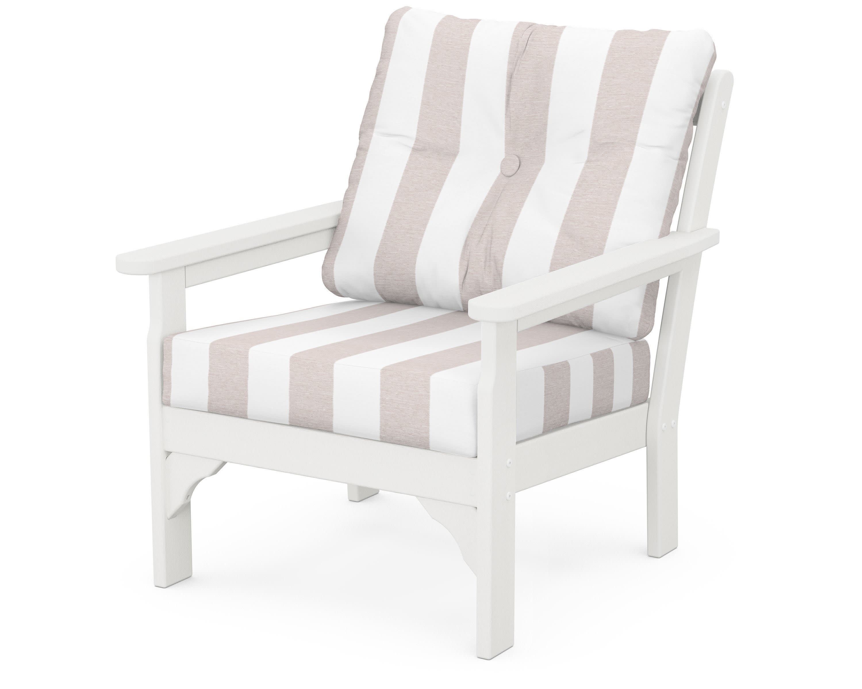 Vineyard Deep Seating Chair in Vintage White / Cabana Stripe Dune Burlap