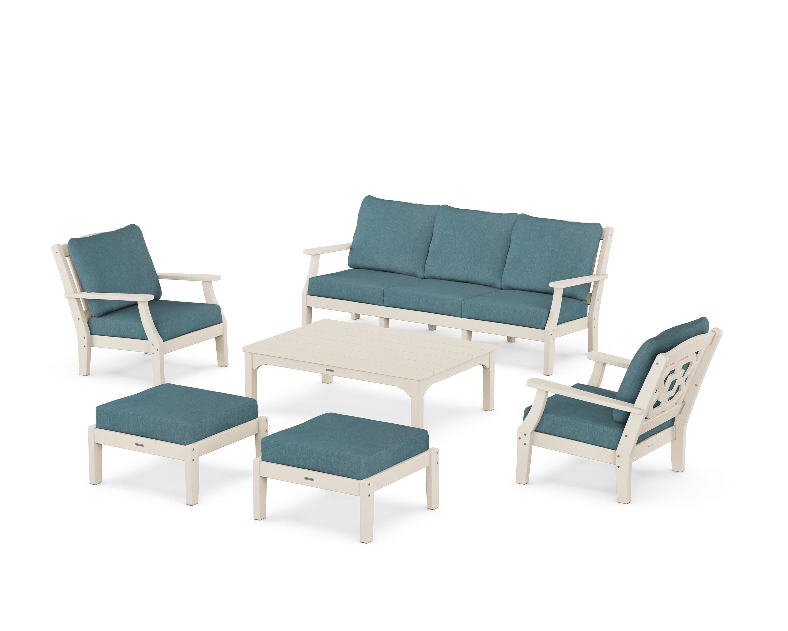 Chinoiserie 6-Piece Lounge Sofa Set in Sand / Ocean Teal