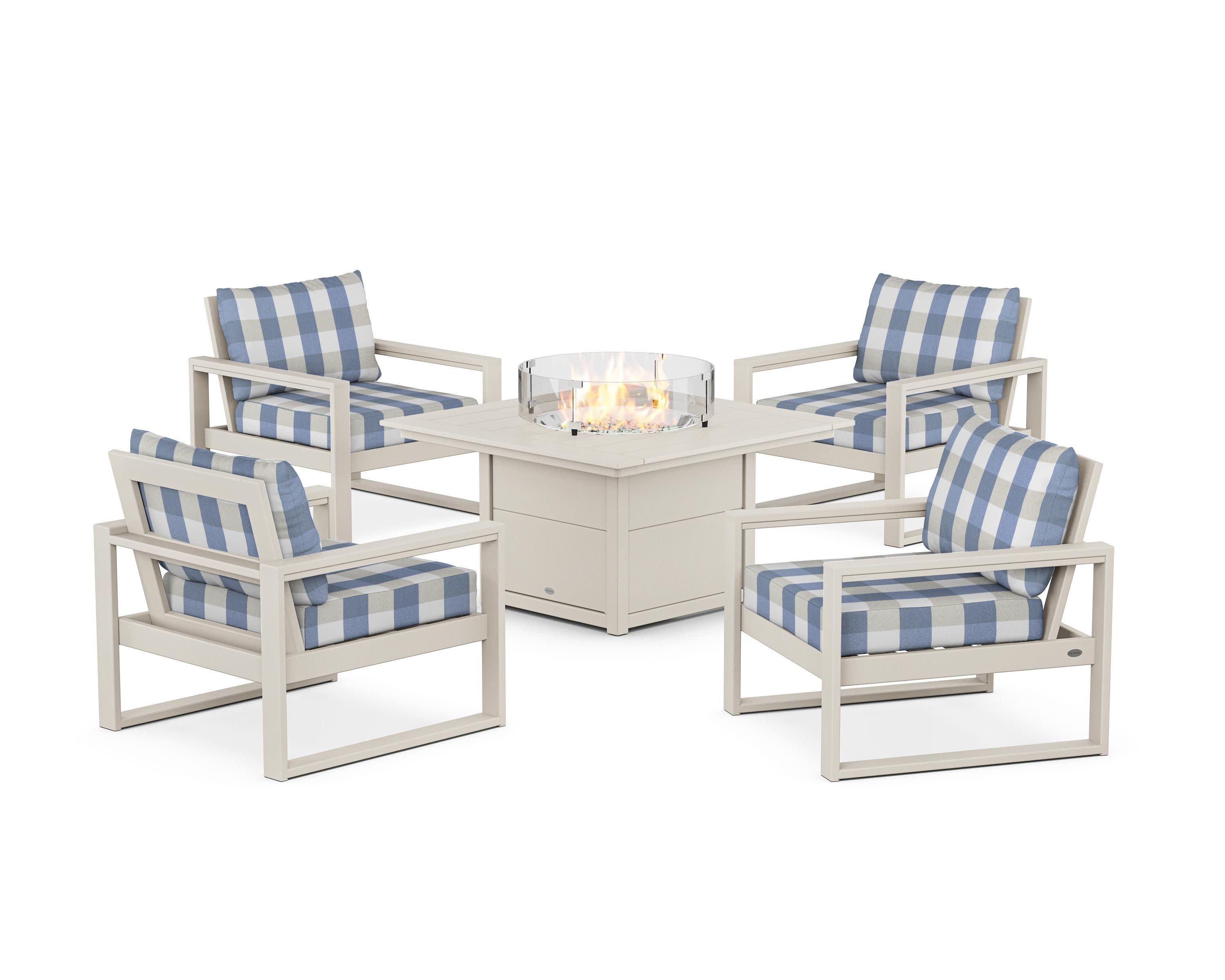 EDGE Sectional 5-Piece Deep Seating Set with Fire Pit Table in Sand / Buffalo Plaid Sky Blue