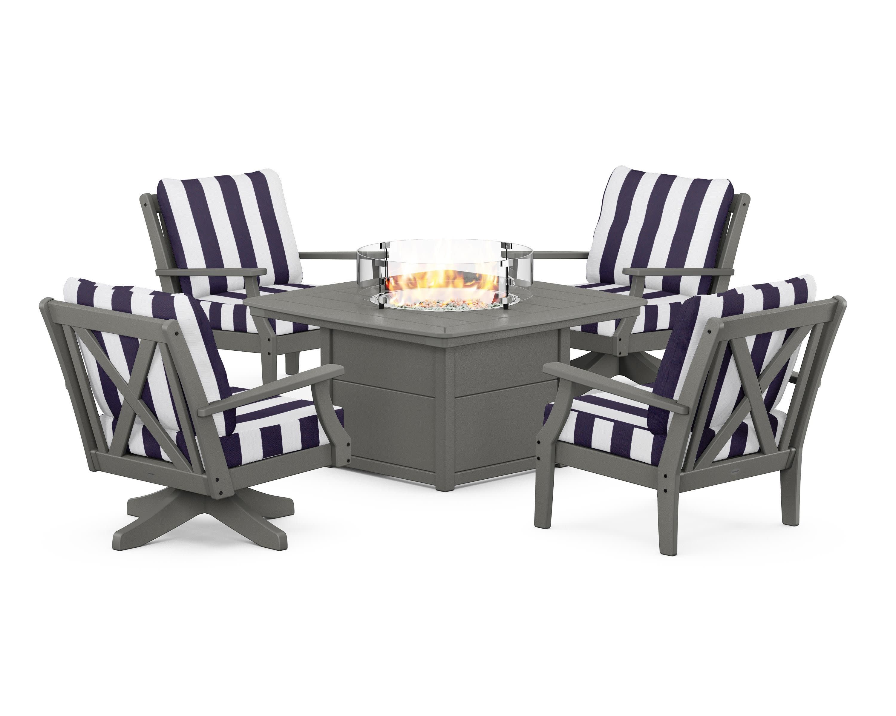 Braxton 5-Piece Deep Seating Set with Fire Table in Slate Grey / Cabana Stripe Navy