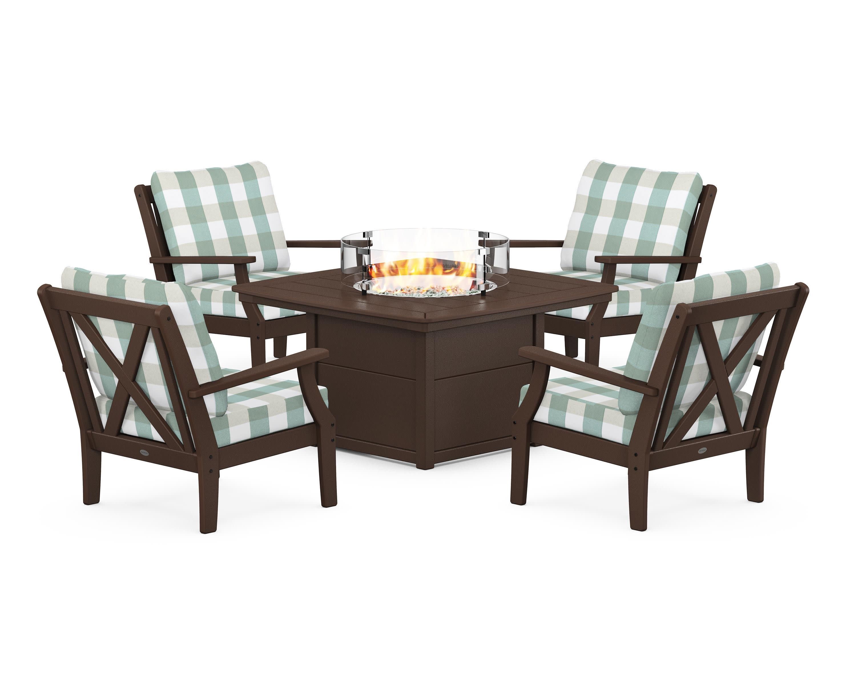 Braxton 5-Piece Deep Seating Conversation Set with Fire Pit Table in Mahogany / Buffalo Plaid Glacier Spa