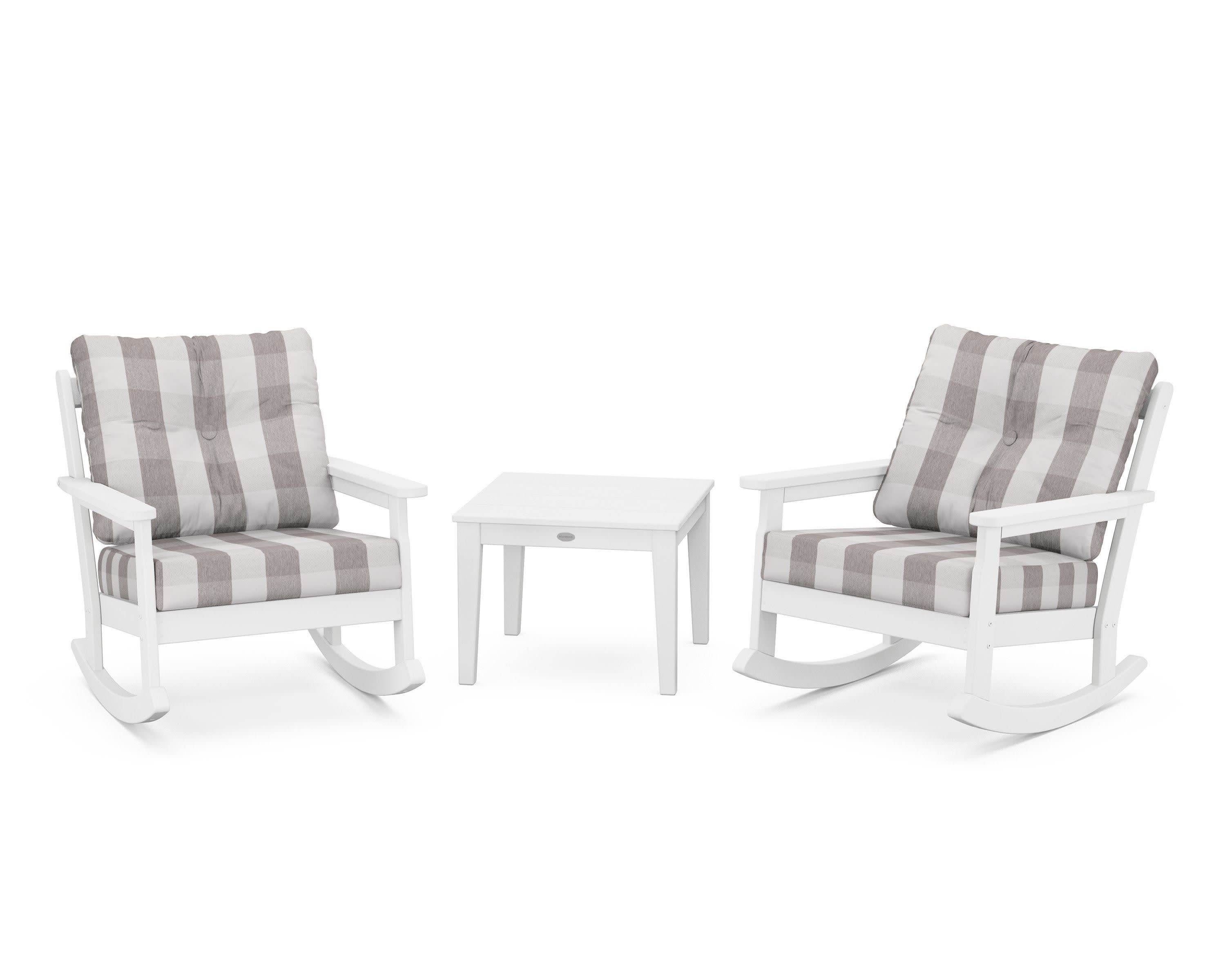 Vineyard 3-Piece Deep Seating Rocker Set in White / Buffalo Plaid Grey Mist
