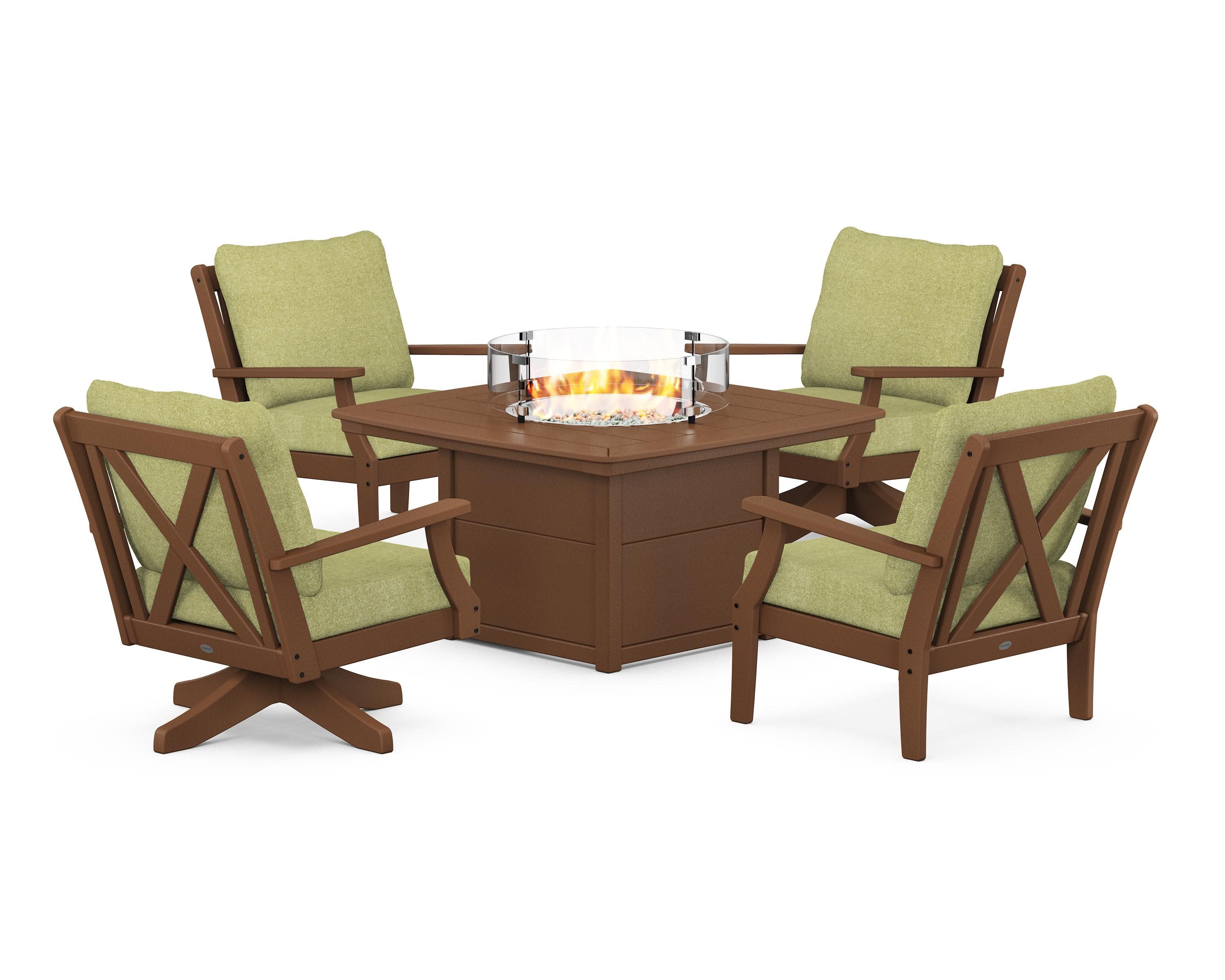 Braxton 5-Piece Deep Seating Set with Fire Table in Teak / Chartreuse Boucle