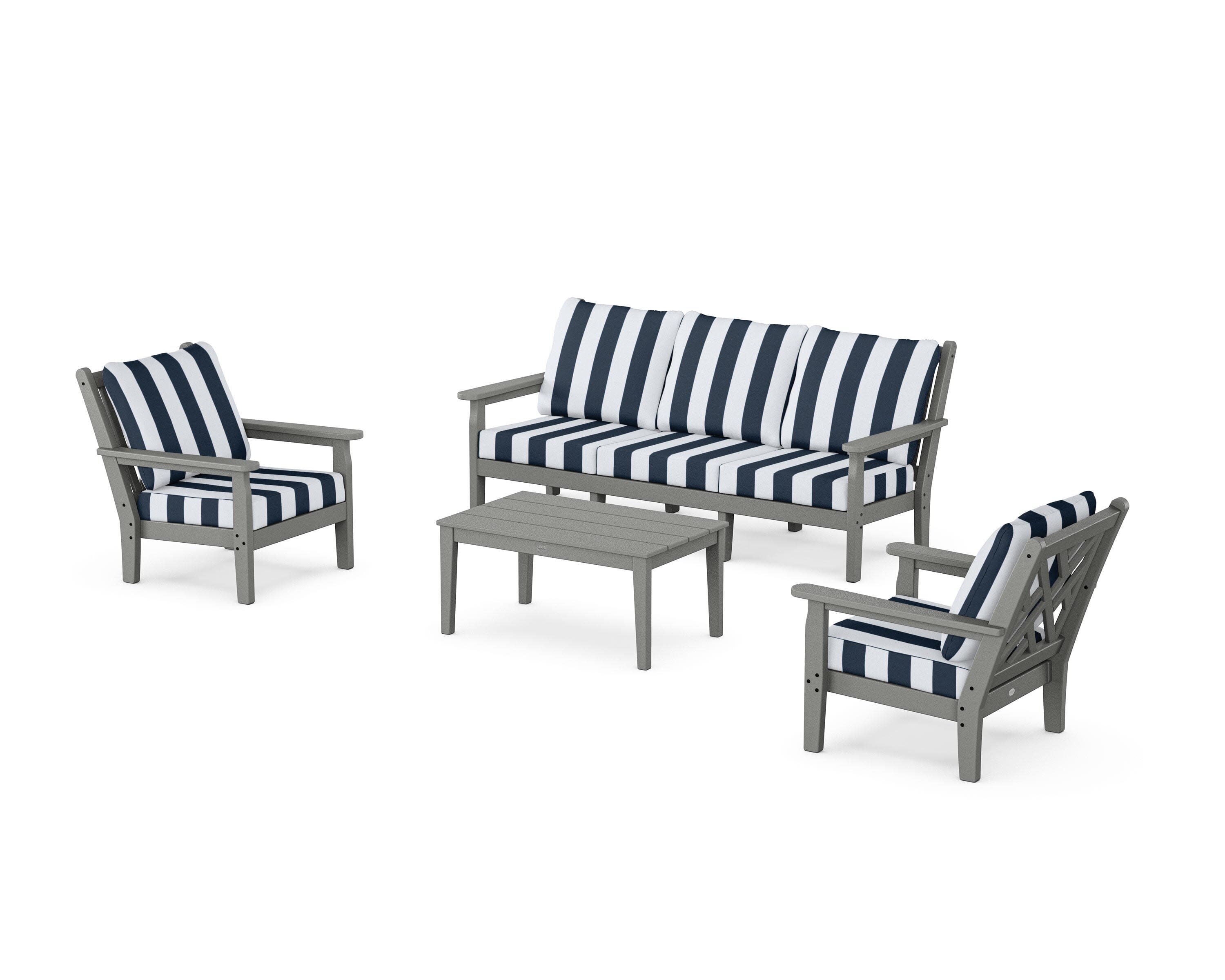 Chippendale 4-Piece Deep Seating Set with Sofa in Slate Grey / Cabana Stripe Marine Indigo