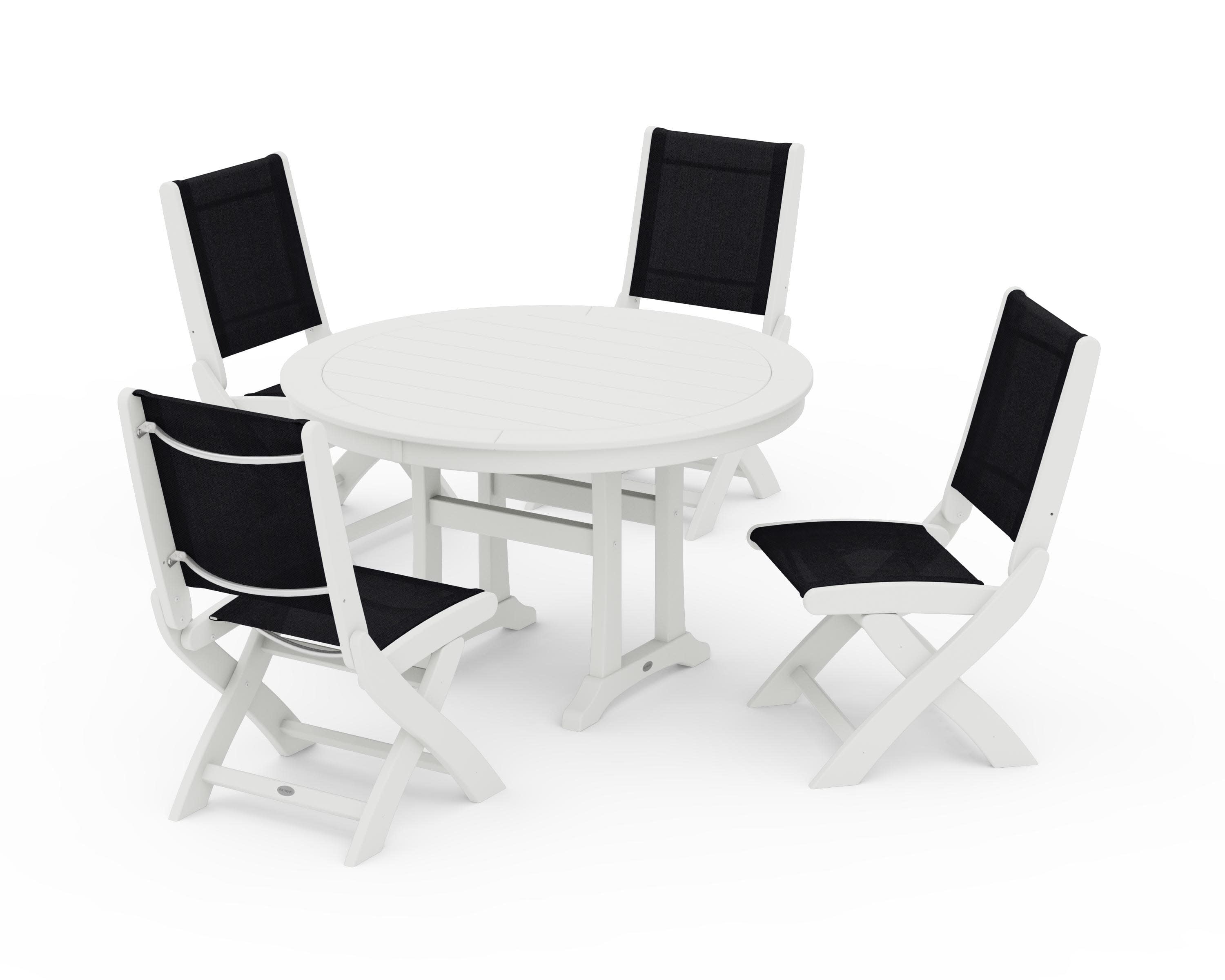 Coastal Folding Side Chair 5-Piece Round Dining Set With Trestle Legs in Vintage White / Black Sling